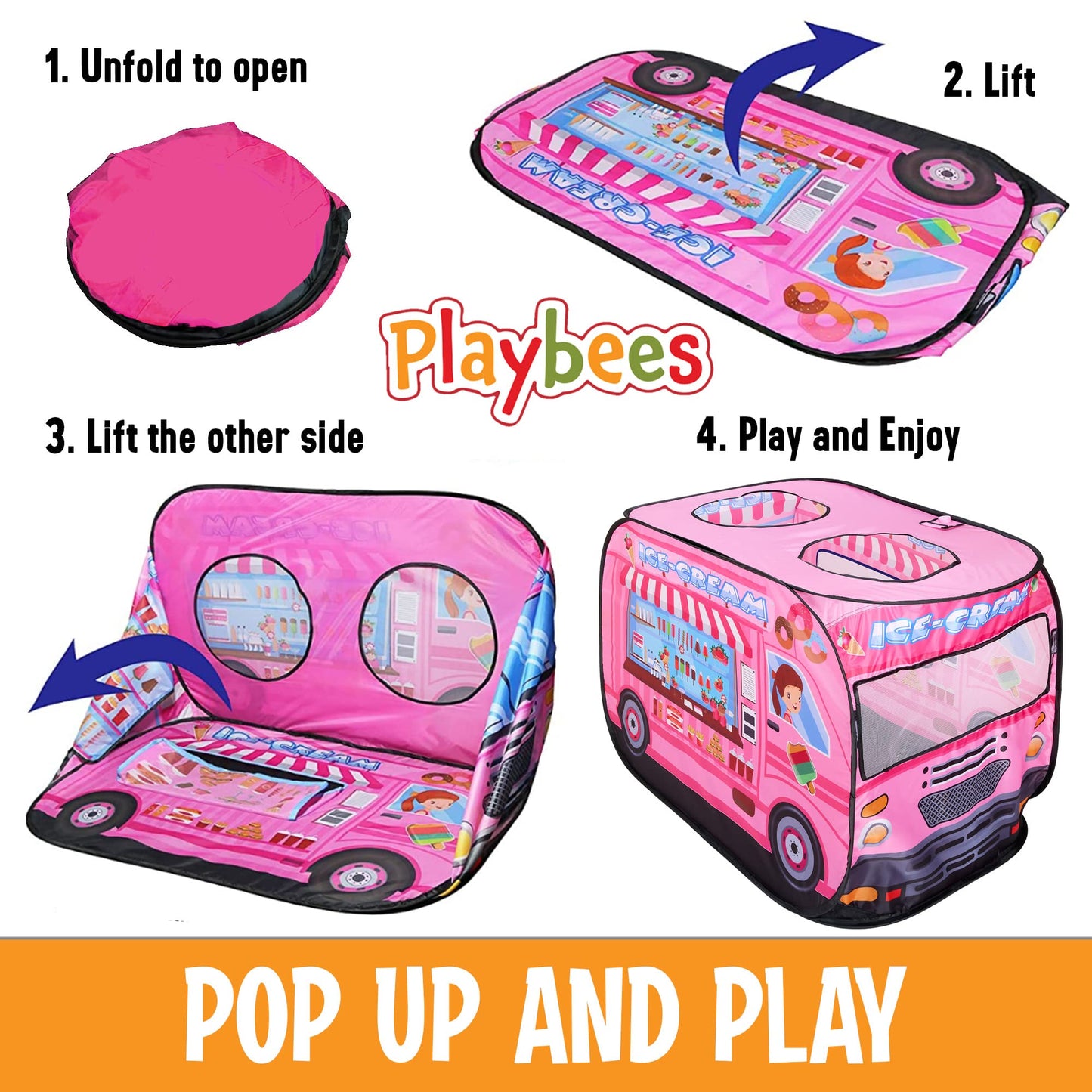 Playbees Musical Ice Cream Truck Pop Up Play Tent with 3 Openings - Tent for Toddlers - Indoor & Outdoor - Pop Up Tents for Kids - Includes Carry Bag