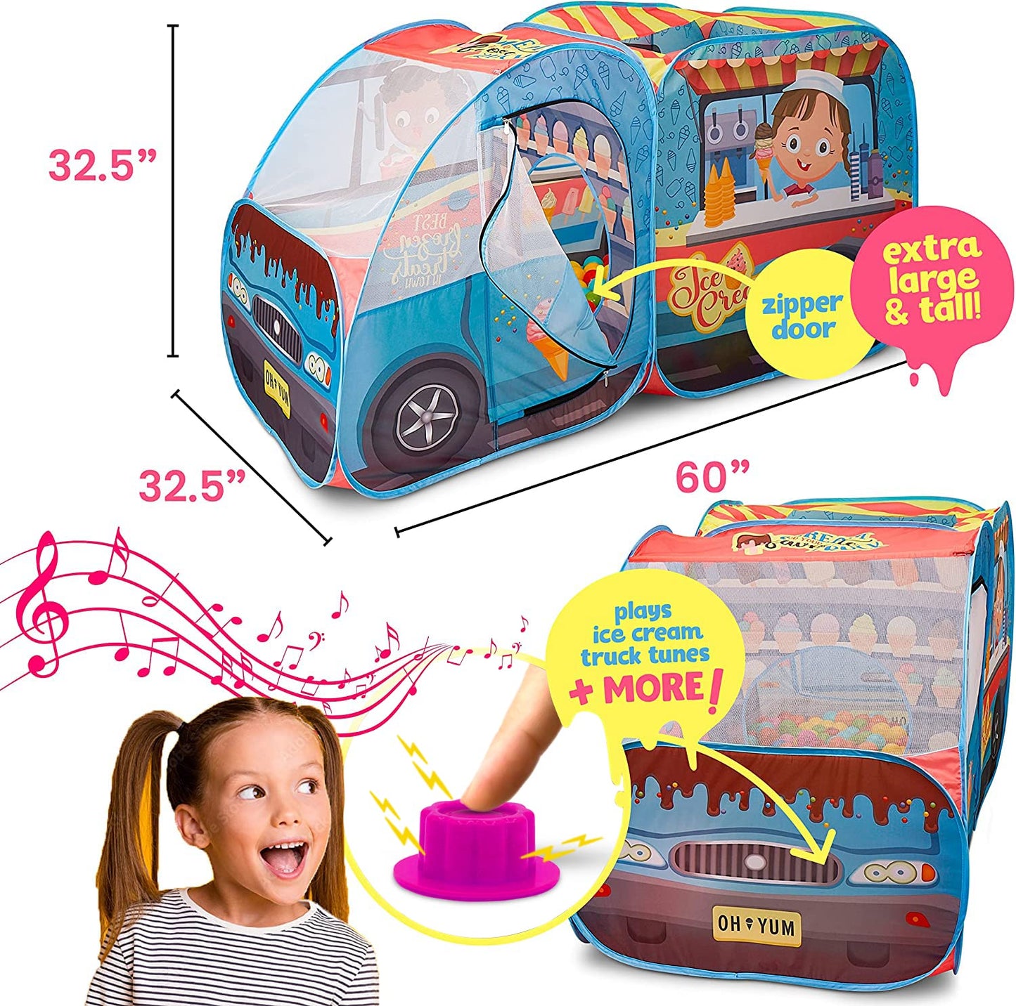 Kiddzery Ice Cream Truck Play Tent for Kids - Pretend Play Toy Food Set - Pop Up Icecream Playhouse Toys with Music Button - Birthday Gift for Girls