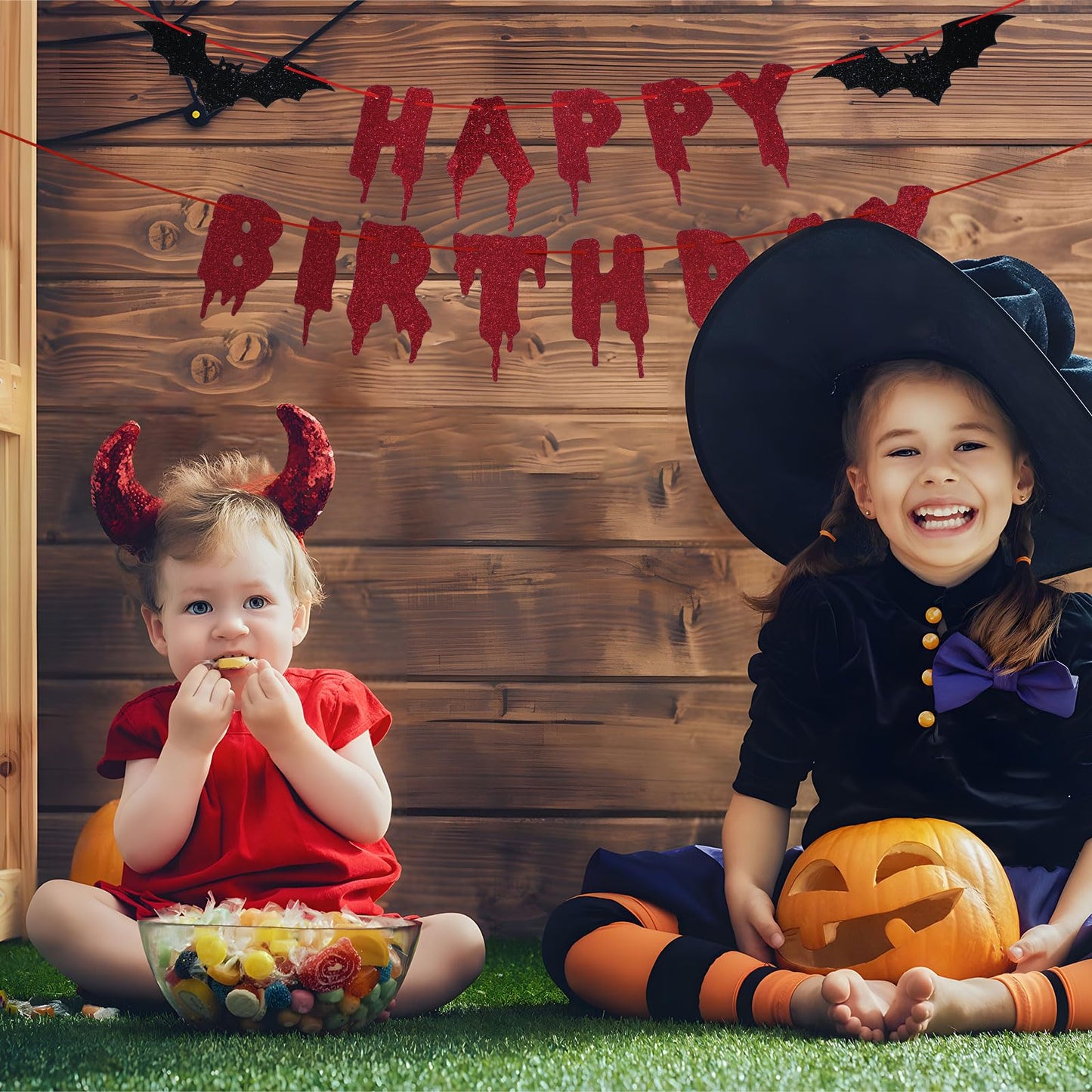 Red Glittery Happy Birthday Halloween Banner - Halloween Hanging Paper Garland Bunting Banner Bloody Bat Vampire Decorations, Photo Backdrop for Wall