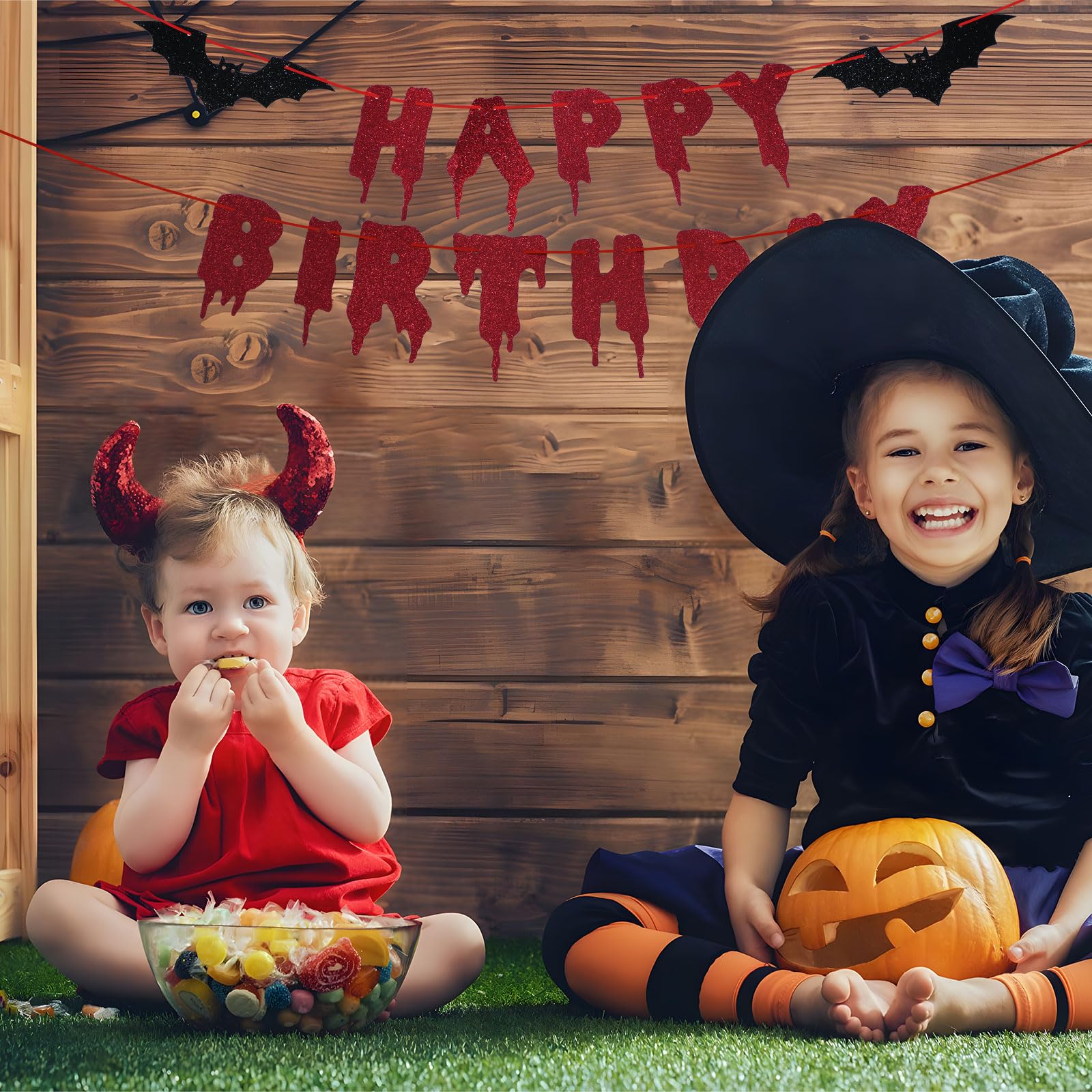 Red Glittery Happy Birthday Halloween Banner - Halloween Hanging Paper Garland Bunting Banner Bloody Bat Vampire Decorations, Photo Backdrop for Wall