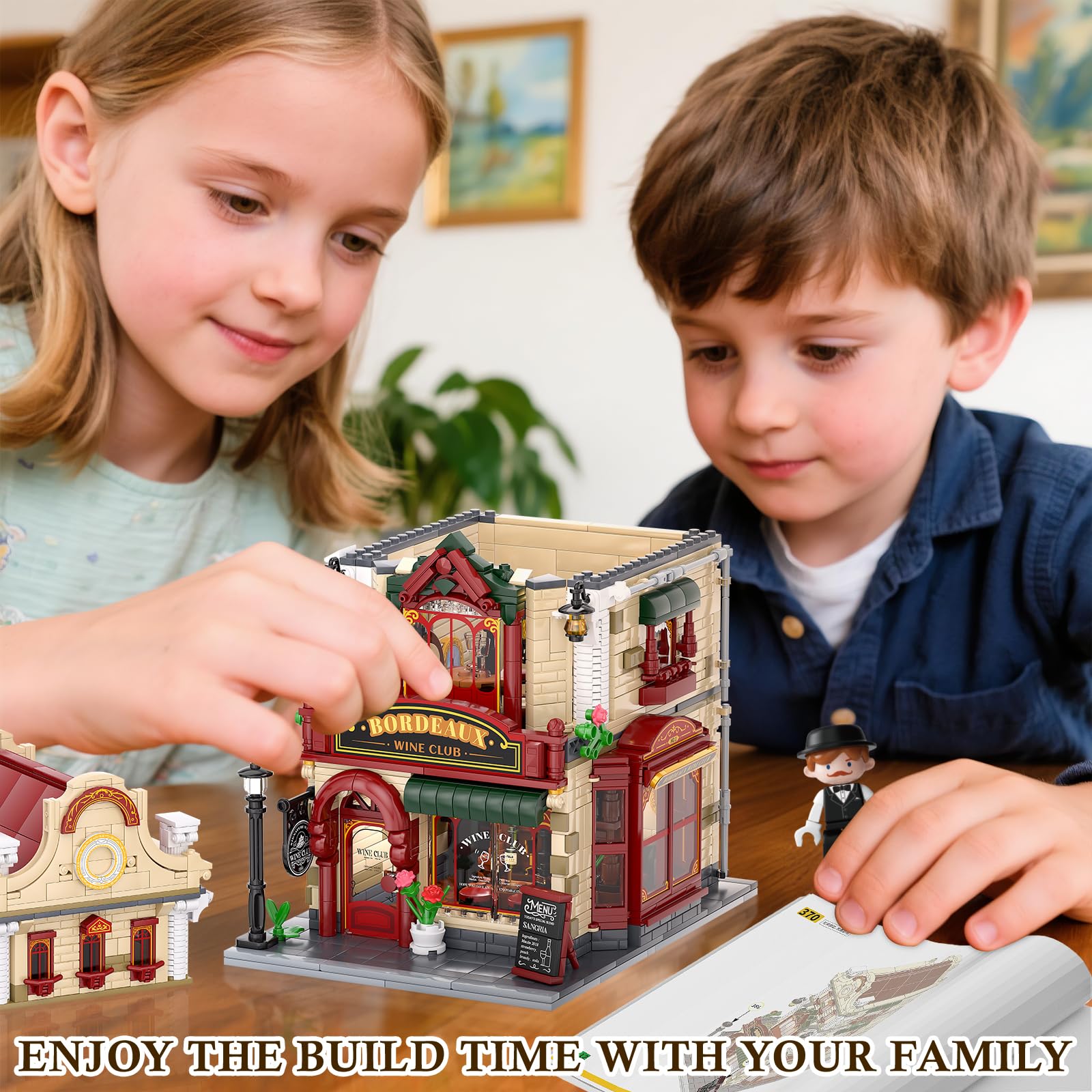 Bordeaux Wine Club Construction Building Set with LED Lights, City Town Winery Chateau House Building Kit, Vintage Collectible Model, Creative