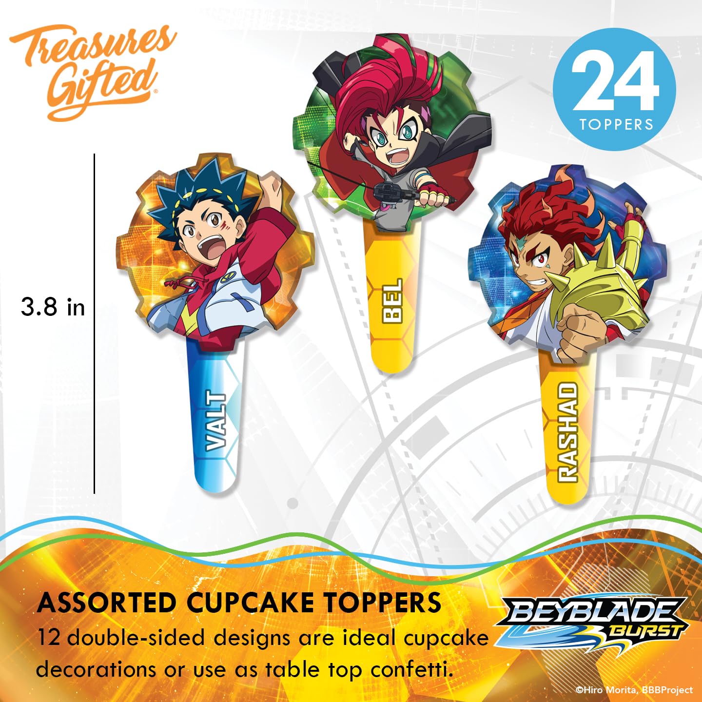 Treasures Gifted Officially Licensed BEYBLADE BURST Cake Topper Set - (1) BEYBLADE Cake Topper & (24) BEYBLADE Cupcake Topper & Wrappers - BEYBLADE