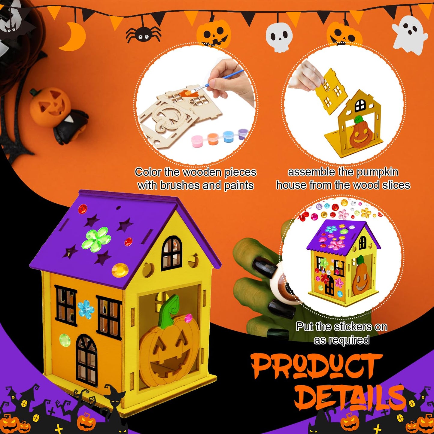 Fennoral 7 Pack Wooden Pumpkin House Craft for Kids - DIY Paint Halloween Art and Craft Project for Halloween Party Decoration