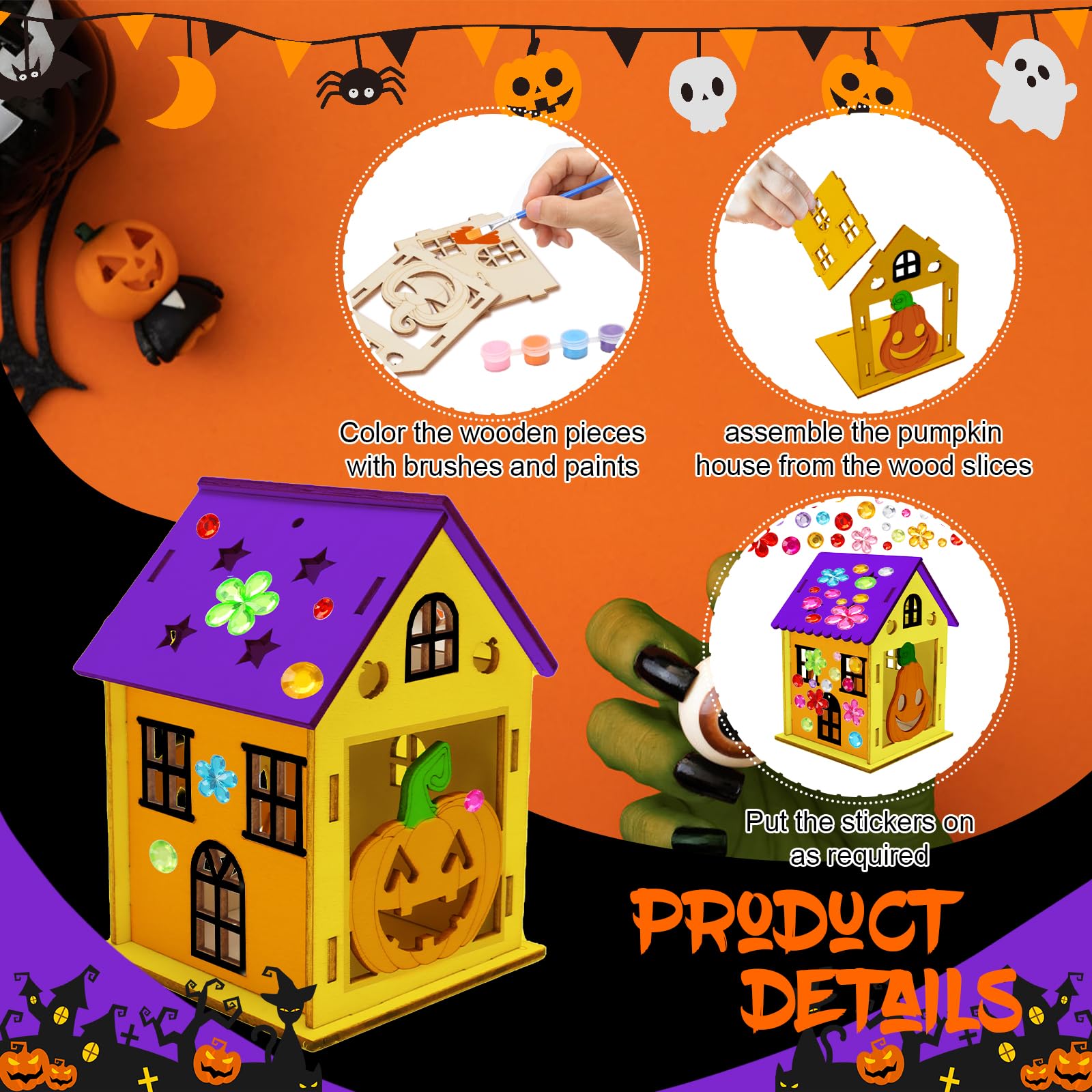 Fennoral 7 Pack Wooden Pumpkin House Craft for Kids - DIY Paint Halloween Art and Craft Project for Halloween Party Decoration