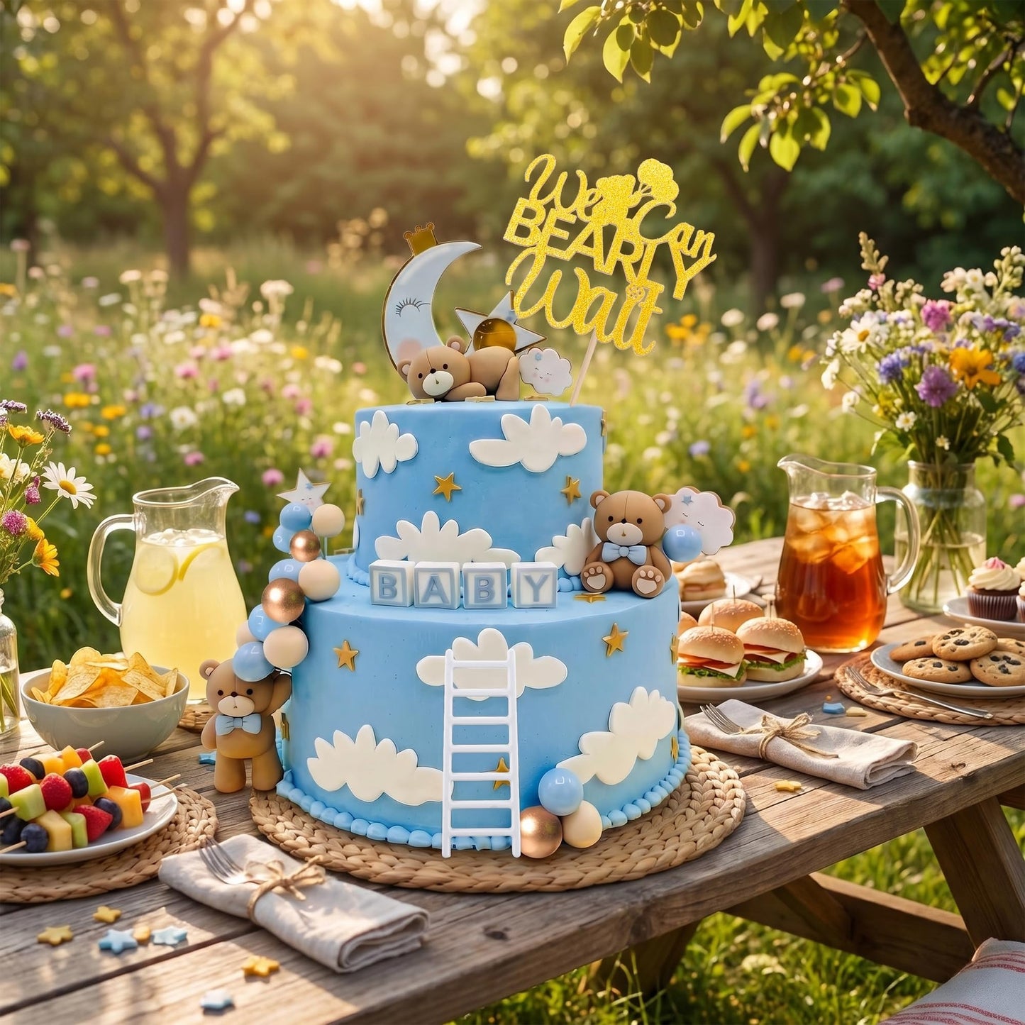 Bear Baby Shower Cake Topper Set, We Can Bearly Wait Cake Decoration with Ball Cake Decorations for Baby Boy Gender Reveal Birthday Party Supplies