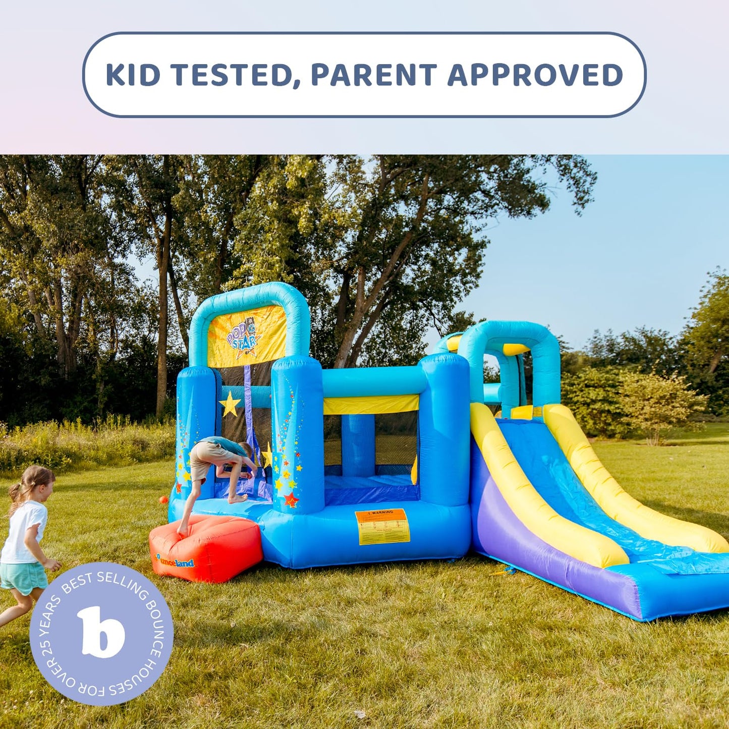 Bounceland Pop Star Inflatable Bounce House Bouncer, Large Bouncing Area with Long Slide, Climbing Wall, Basketball Hoop, UL 1HP Blower Included, 15