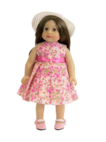 American Fashion World Pink Floral Dress for 18-Inch Dolls | Hat Included | Premium Quality & Trendy Design | Dolls Clothes | Outfit Fashions