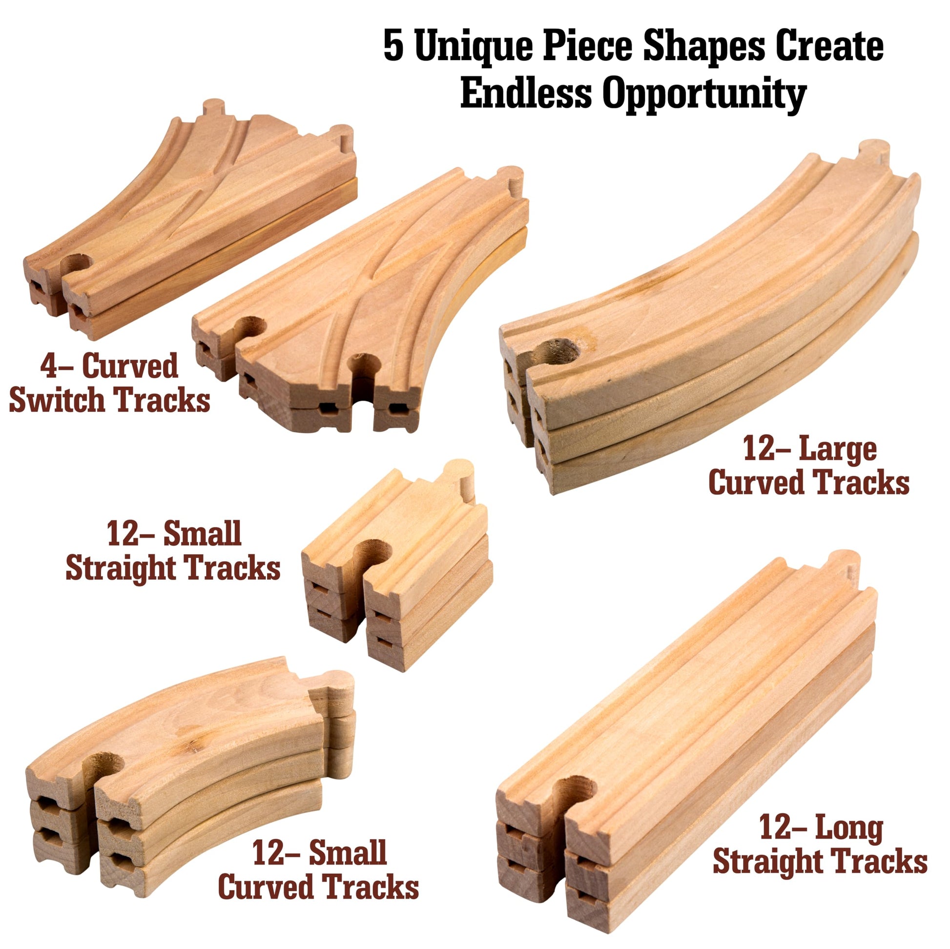 Wooden Train Track 52 Piece Set-18 Feet Of Track Expansion - 5 Distinct Pieces - 100% Compatible with All Major Brands Including Thomas Wooden Railway