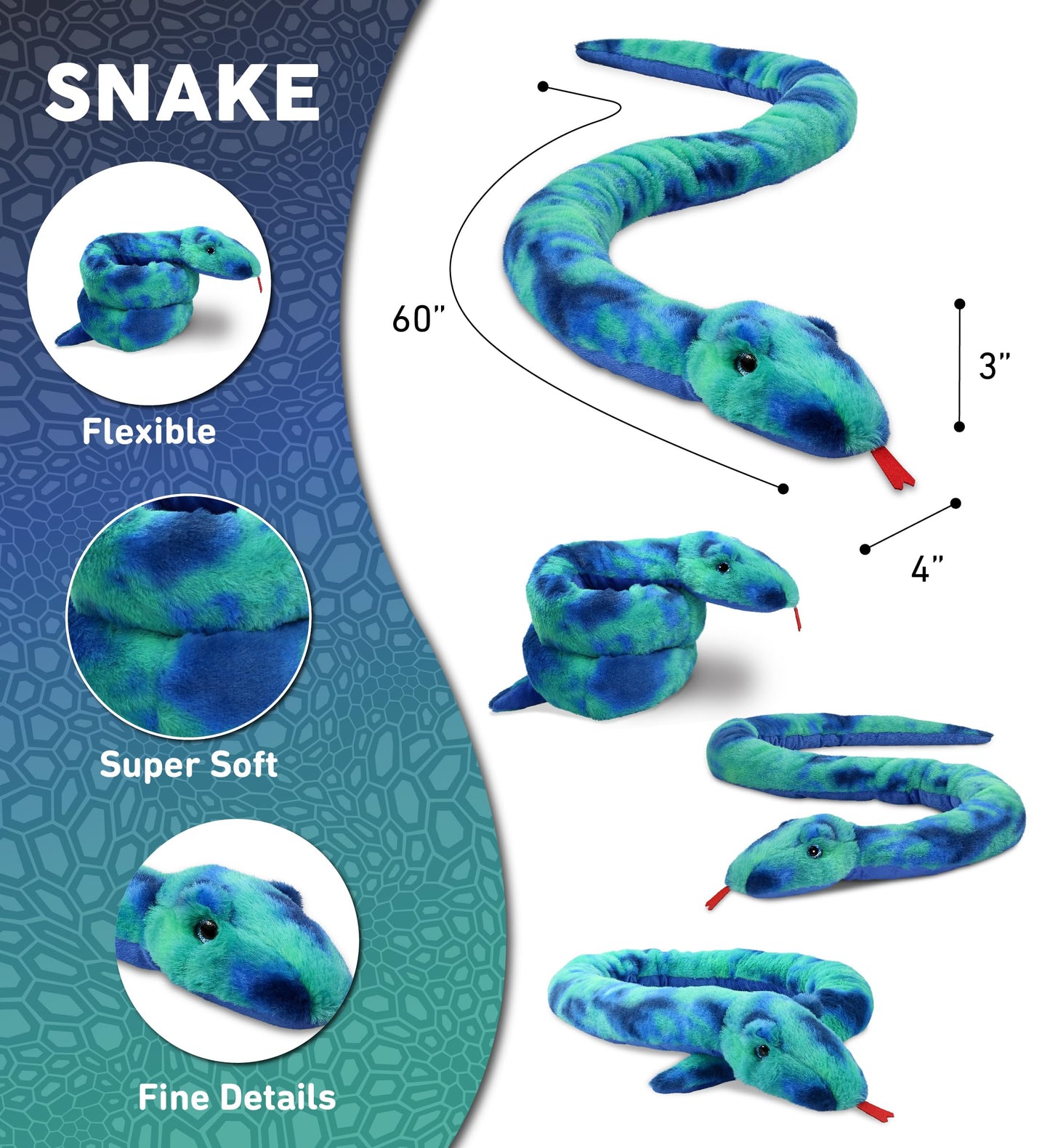 DolliBu Blue Tie-Dye Snake Stuffed Animal - Huggable Snake Plush, Adorable Playtime Plush Toy, Cute Wildlife Animal Cuddle Gifts, Super Soft Plush