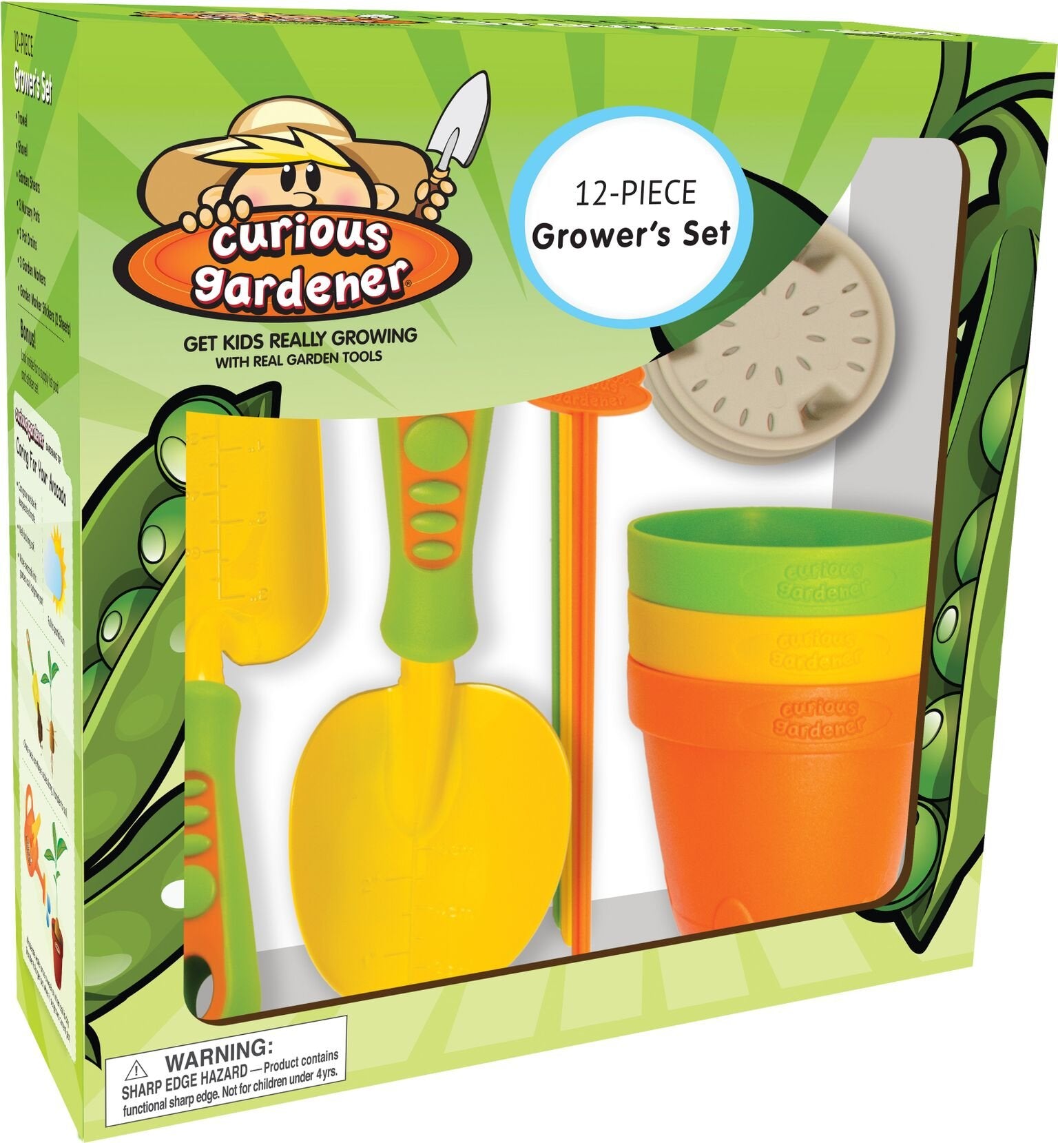 Curious Gardener 12 Piece Gardening Tool Set for Kids Ages 4-8 Years - Grower's Set - Includes Trowel, Shovel, Shears, 3 Nursery Pots, 3 Markers,
