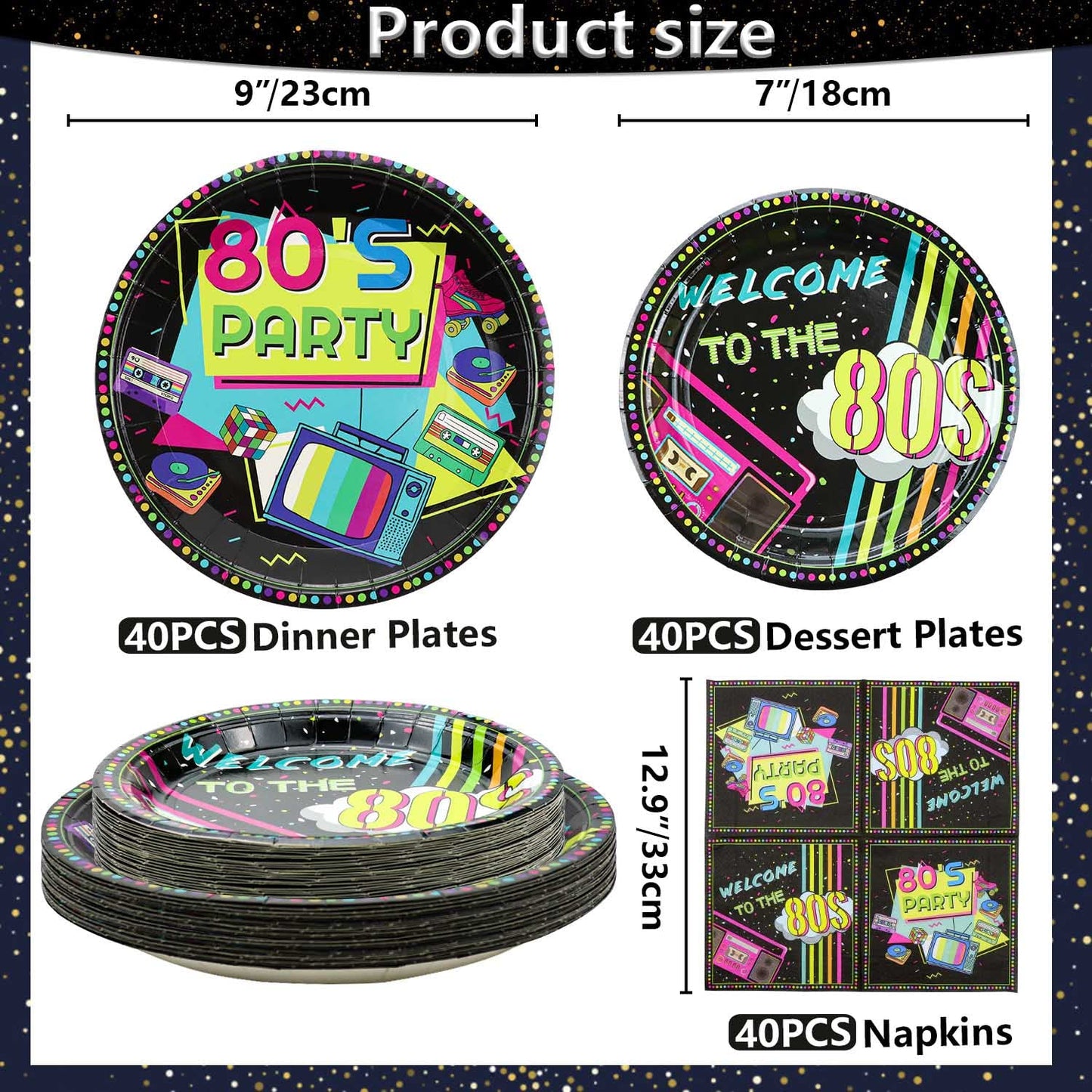 Hegbolke 80s Party Supplies - 122 Pcs Plates, Napkins, Tablecloth Set for Back to the 80s Party Decorations - Serves 40
