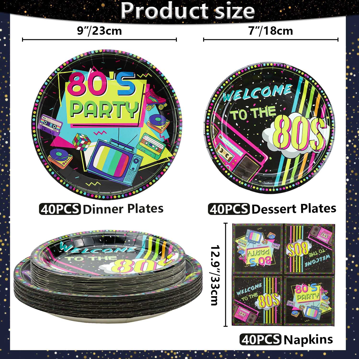 Hegbolke 80s Party Supplies - 122 Pcs Plates, Napkins, Tablecloth Set for Back to the 80s Party Decorations - Serves 40