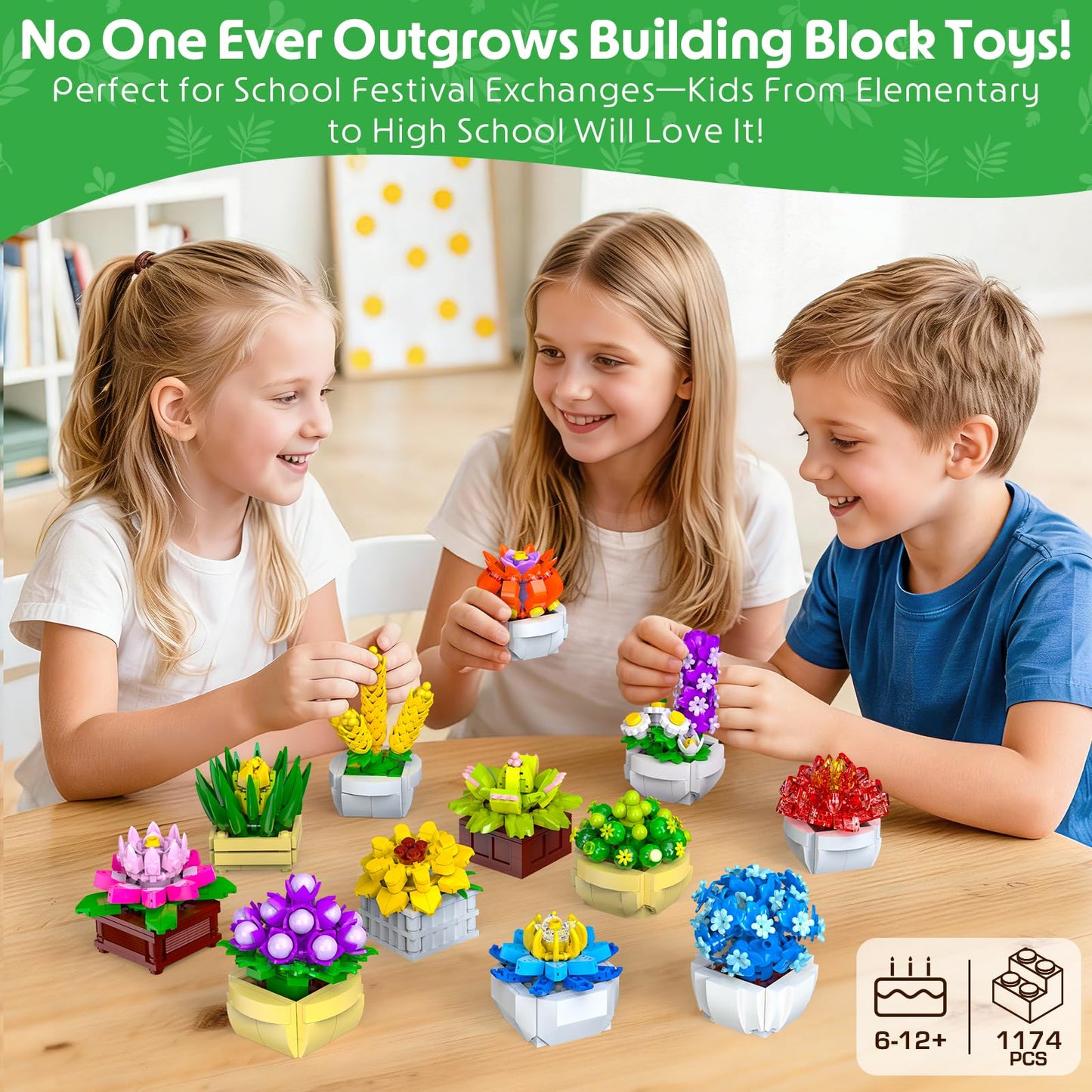 QiqoPoyee Succulents Flowers Building Set 12 Pack Botanical