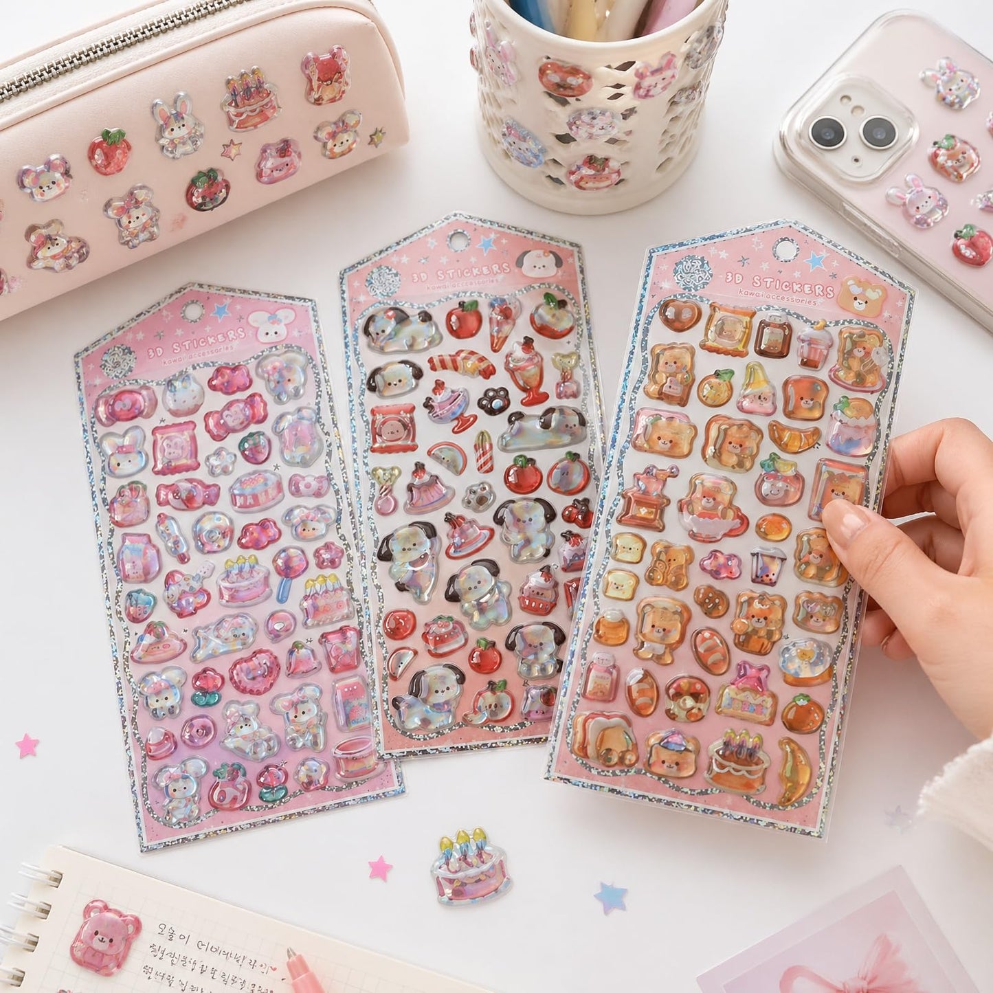 SHANGRLA Kawaii 3D Cute Puffy Stickers for Adults Teens, Small Sparkly Resin Animal Sticker for Phone Case Digital Camera Decor, Scrapbook Supplies,6