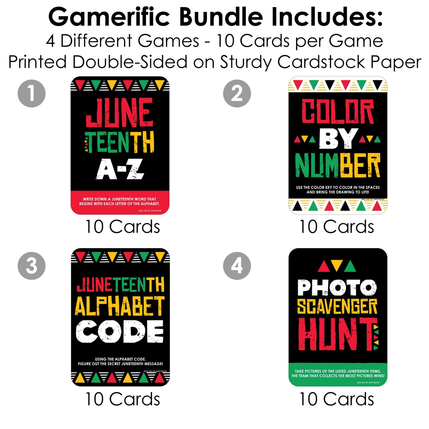 Big Dot of Happiness Happy Juneteenth - 4 Freedom Day Party Games - 10 Cards Each - Gamerific Bundle