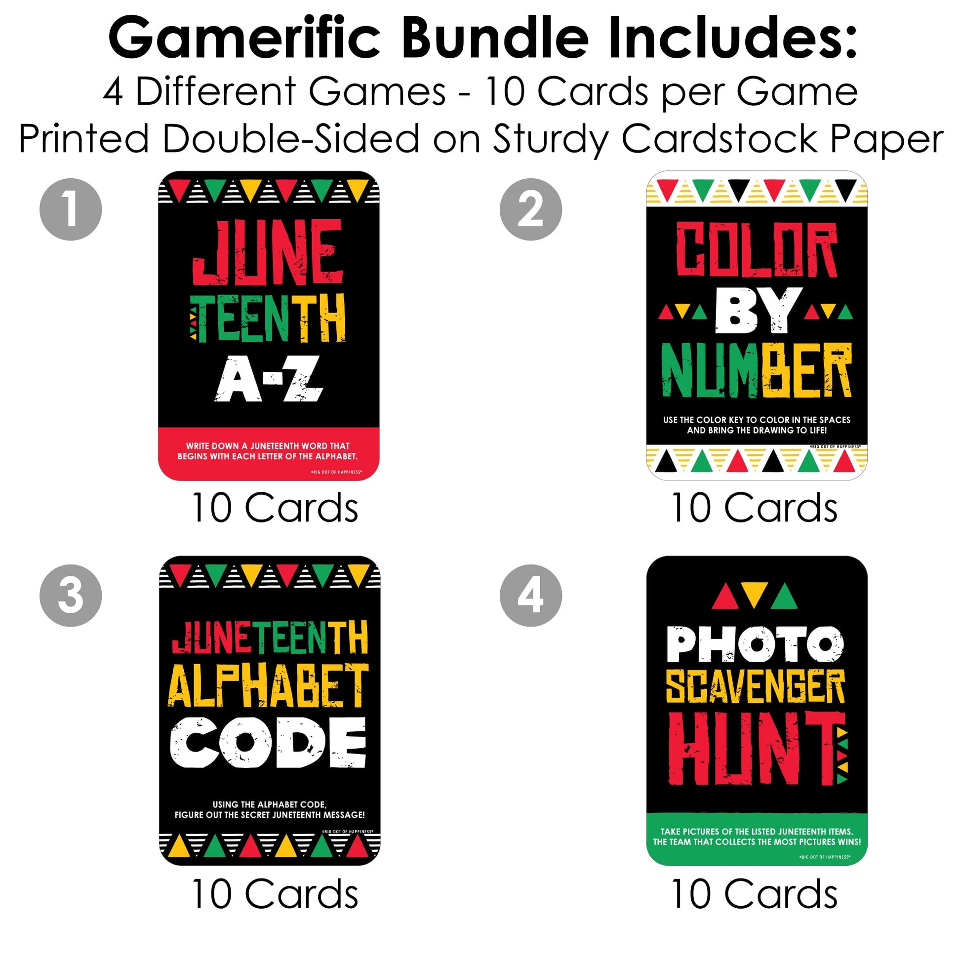 Big Dot of Happiness Happy Juneteenth - 4 Freedom Day Party Games - 10 Cards Each - Gamerific Bundle