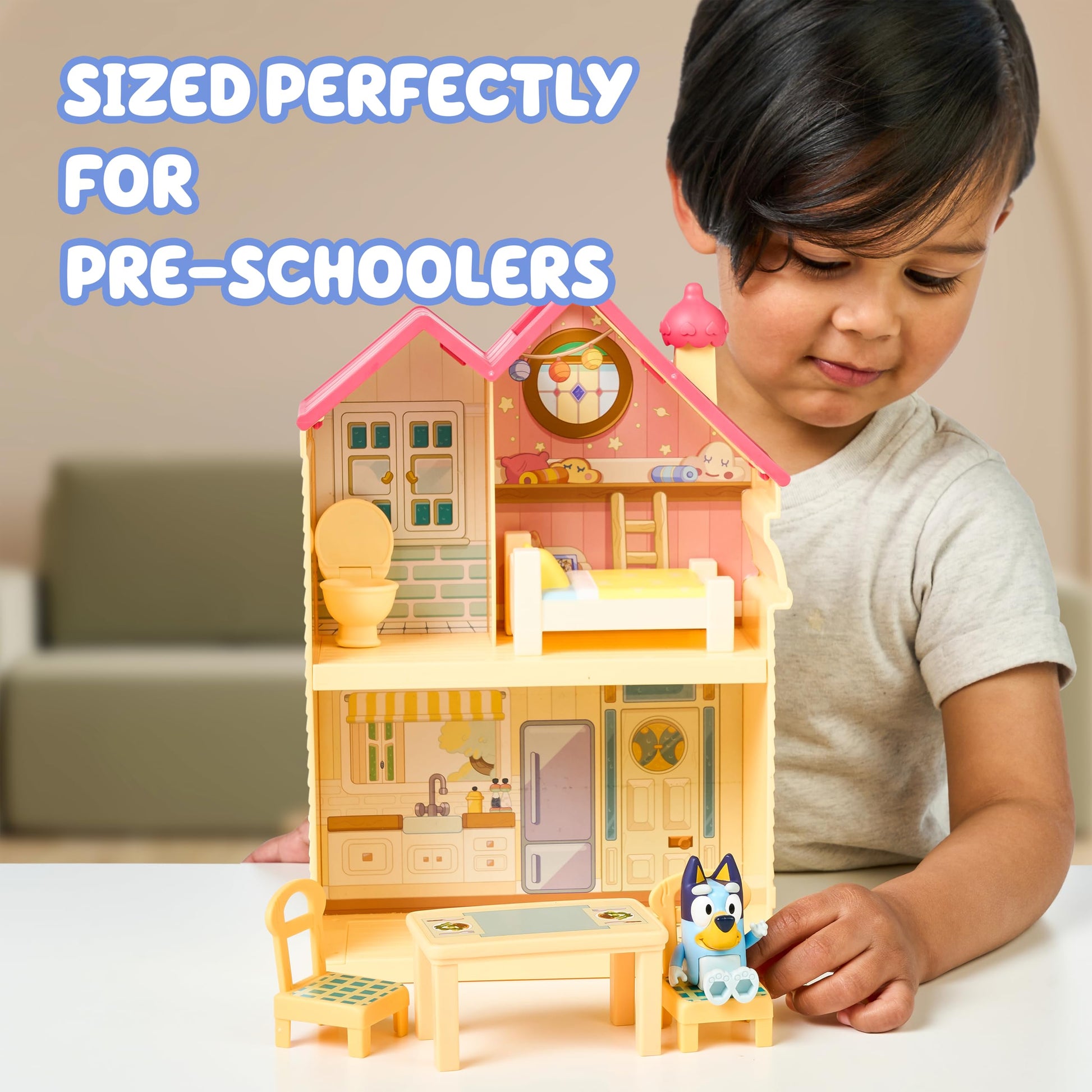 Mini House Playset with 2.5" Figure & 5 Accessories, 3 Room Play House Toys with Carry Handle, Compact Travel Toy