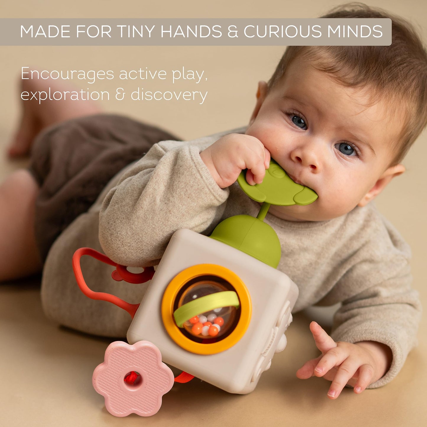 Taf Toys Busy Cube Toy Silicone Activity Cube for Baby 6 Months & Up Pop-It, Shape-Sorting, Sensory Exploration Spinning Bead Ball Develop Motor