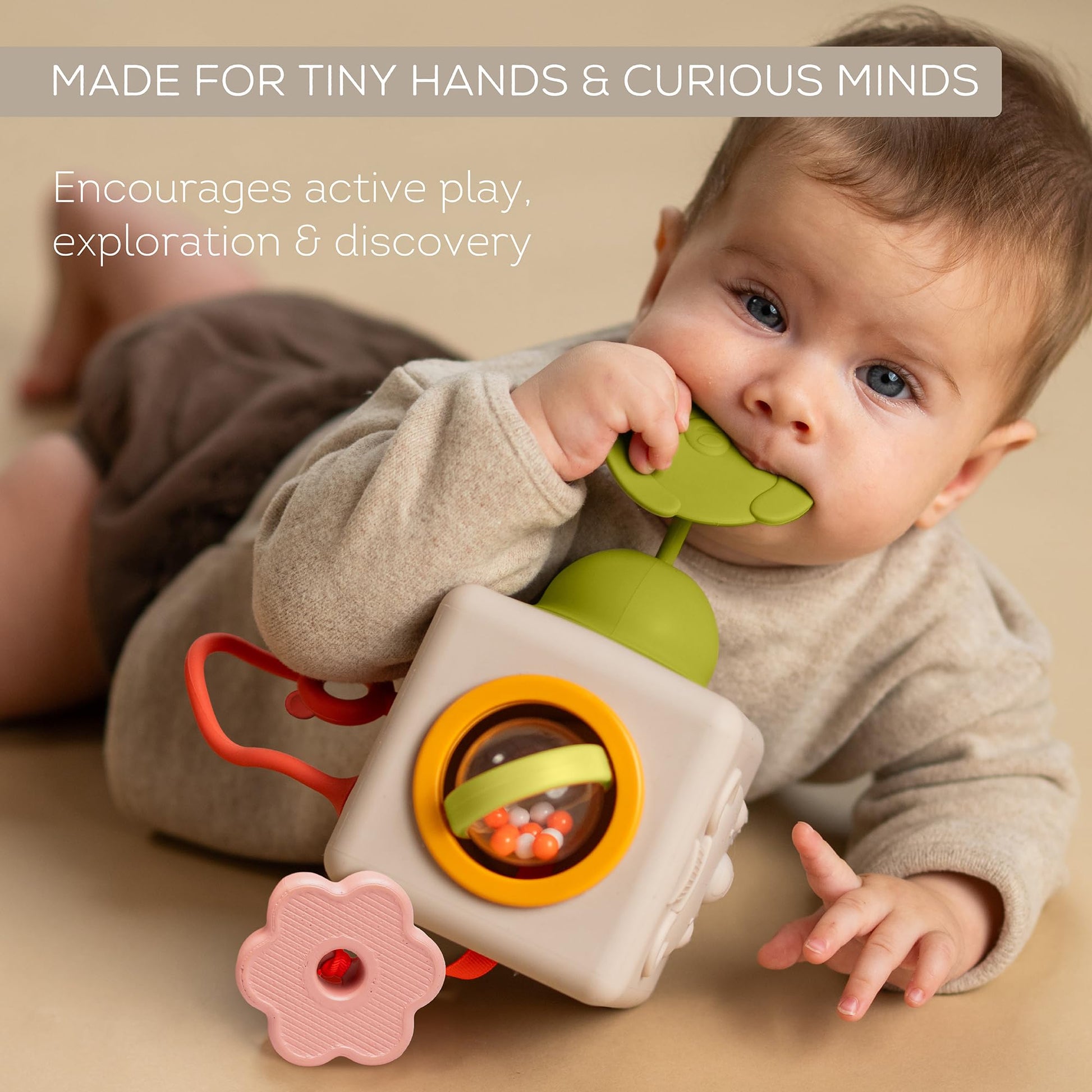 Taf Toys Busy Cube Toy Silicone Activity Cube for Baby 6 Months & Up Pop-It, Shape-Sorting, Sensory Exploration Spinning Bead Ball Develop Motor