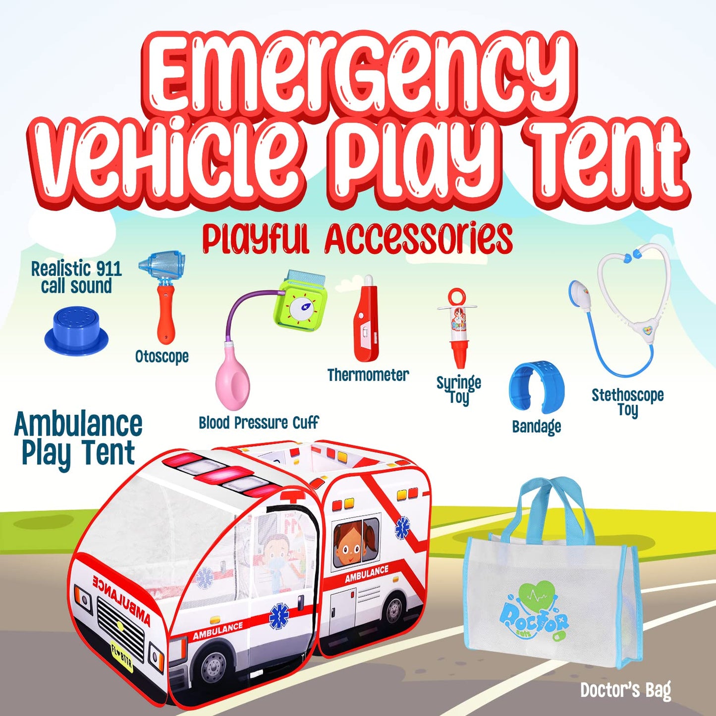 Ambulance Pop-up Play Tent for Kids with Sounds, Doctor Kit & Ball Pit for Toddlers & Up - Easy Setup Pop up Toy for Indoor & Outdoor, Emergency