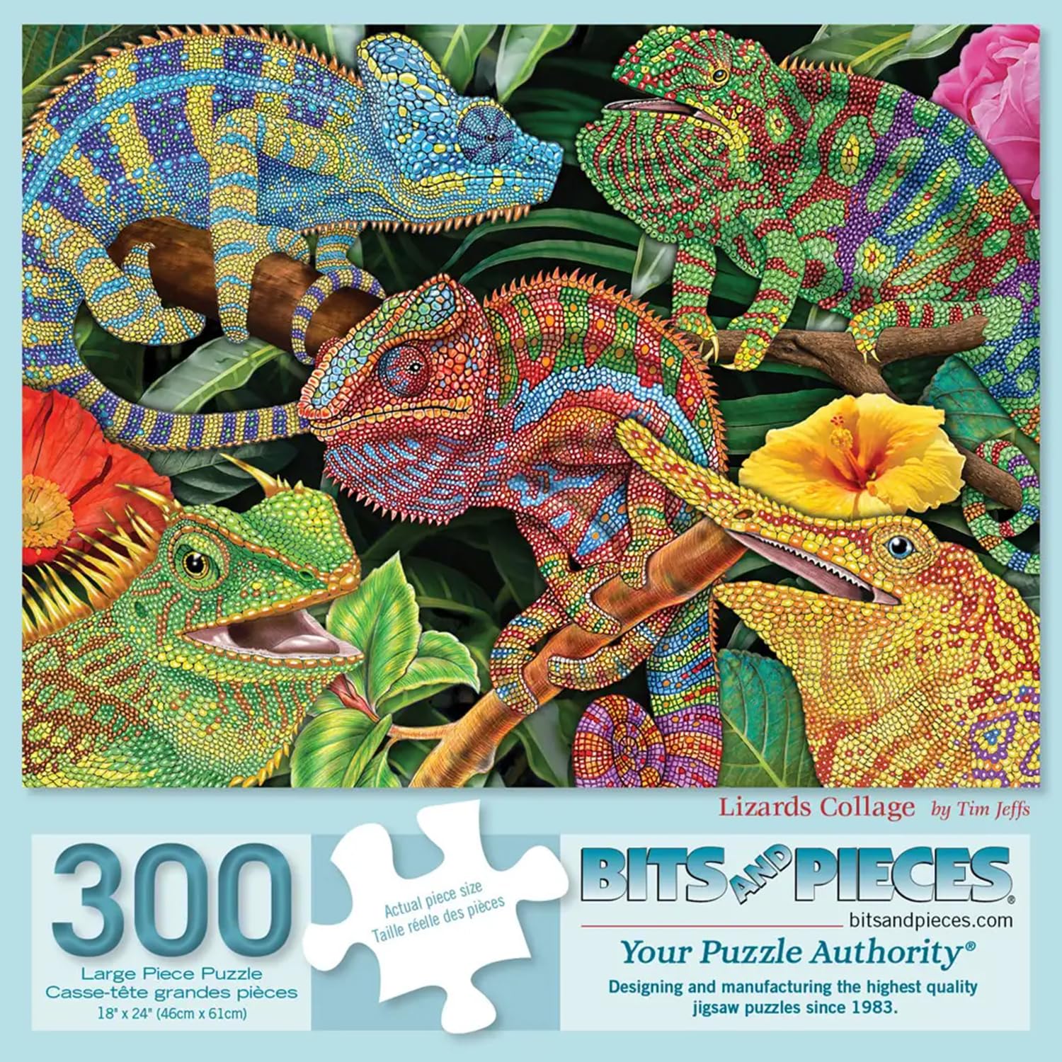 Bits and Pieces 300 Piece Puzzles for Adults - Lizards Collage - 300 Large Pieces 18" x 24" Jigsaw Puzzles, Iguana, Chameleon, Bearded Dragon, No 2
