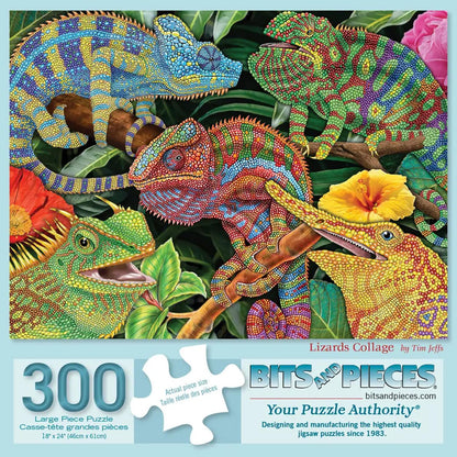 Bits and Pieces 300 Piece Puzzles for Adults - Lizards Collage - 300 Large Pieces 18" x 24" Jigsaw Puzzles, Iguana, Chameleon, Bearded Dragon, No 2