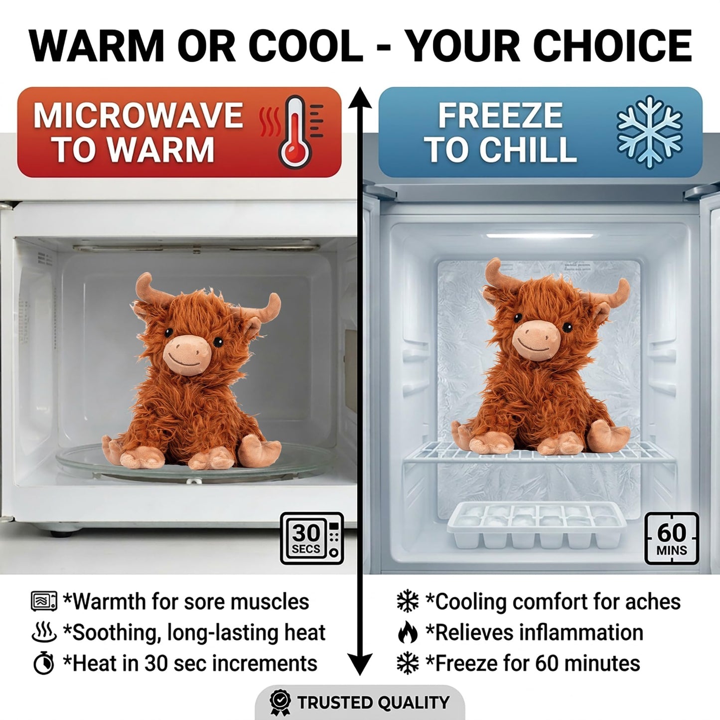Highland Cow - Microwavable & Weighted Plush Stuffed Animal - Heated Plushie for Warmth - Cute, Soft, Cozy Toy for Adults & Children (Boys, Girls