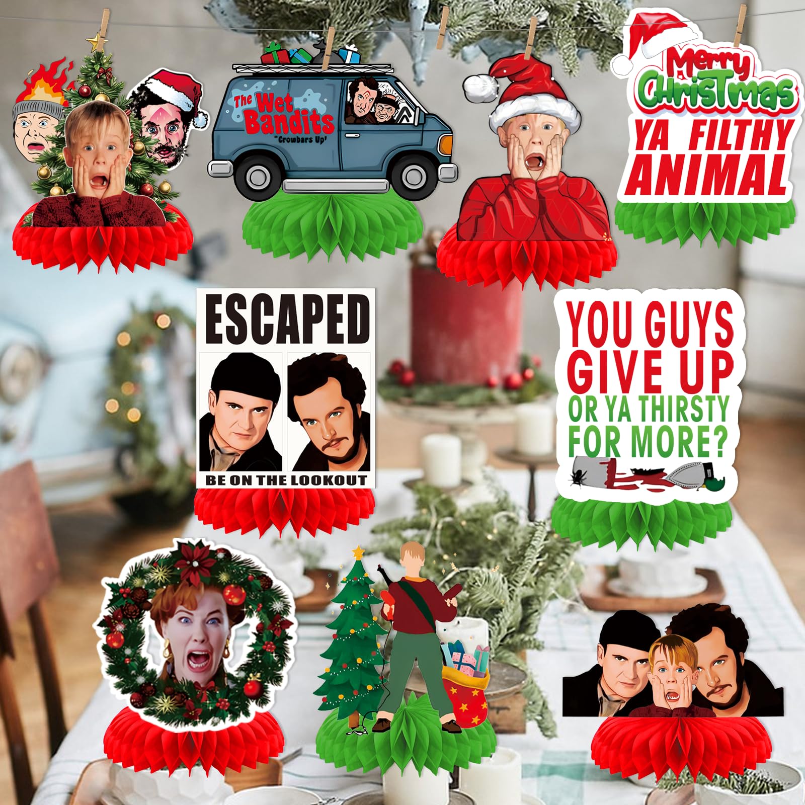 9PCS Home Alome Christmas Honeycomb Centerpieces Home Alone Christmas Decorations Funny Merry Christmas Ya Filthy Animal Table Decorations for Home