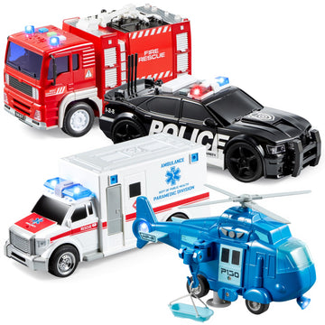 JOYIN 4 Packs Emergency Vehicle Toy Playsets, Friction Powered Vehicles with Light and Sound, Including Fire Truck, Ambulance, Play Police Car