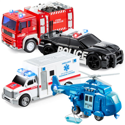 JOYIN 4 Packs Emergency Vehicle Toy Playsets, Friction Powered Vehicles with Light and Sound, Including Fire Truck, Ambulance, Play Police Car