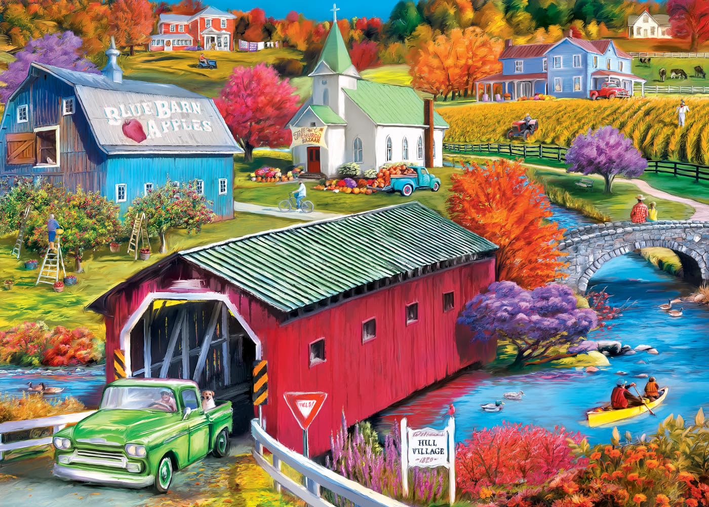 Masterpieces Country Escapes Hill Village Covered Bridge 500 Piece Puzzle - Eco-Friendly, Matte Finish, Random Cut, Bonus Poster, Ages 14+