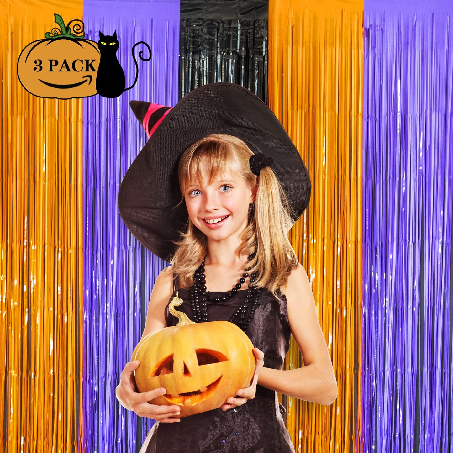 LOLStar Halloween Orange Purple Black Foil Fringe Curtains 3 Pack