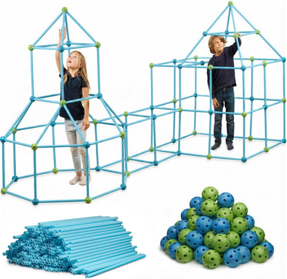 FUNbelievable! 132 Piece Fort Building Kit - Indoor Play Engineering Set with Connecting Sticks & Balls - Creative STEM Building Toys for Kids Play