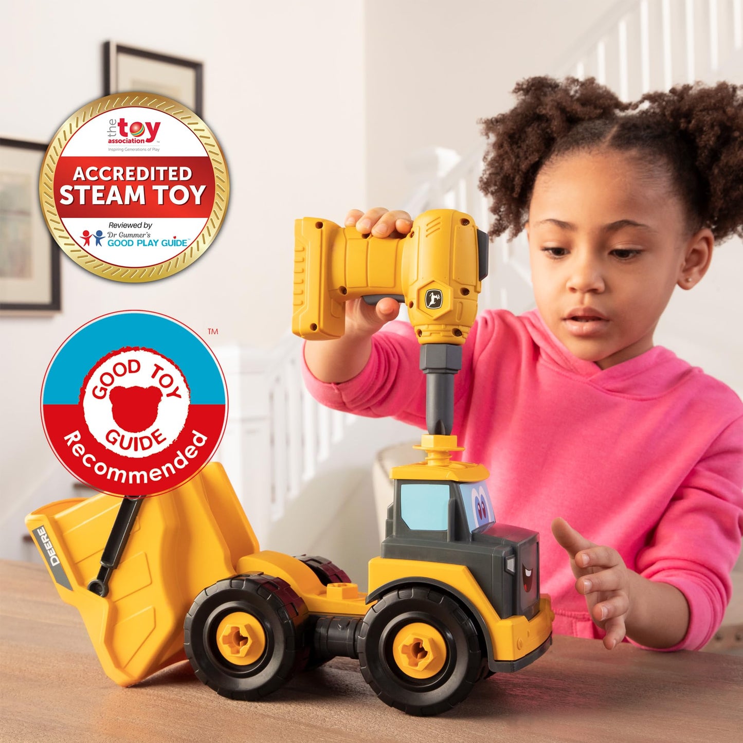 Build-A-Buddy John Deere Dump Truck Toy - Buildable Dump Truck Take Apart Toys with Toy Drill - AA Batteries Included - STEM Building Toys - Yellow