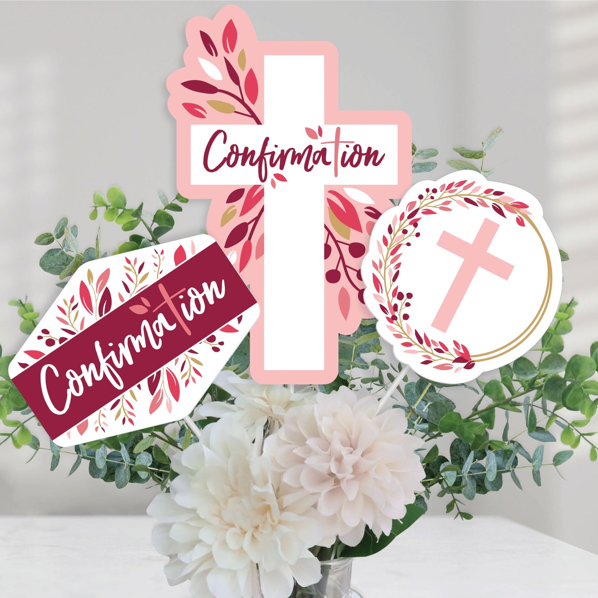 Big Dot of Happiness Confirmation Pink Elegant Cross - Girl Religious Party Centerpiece Sticks - Table Toppers - Set of 15