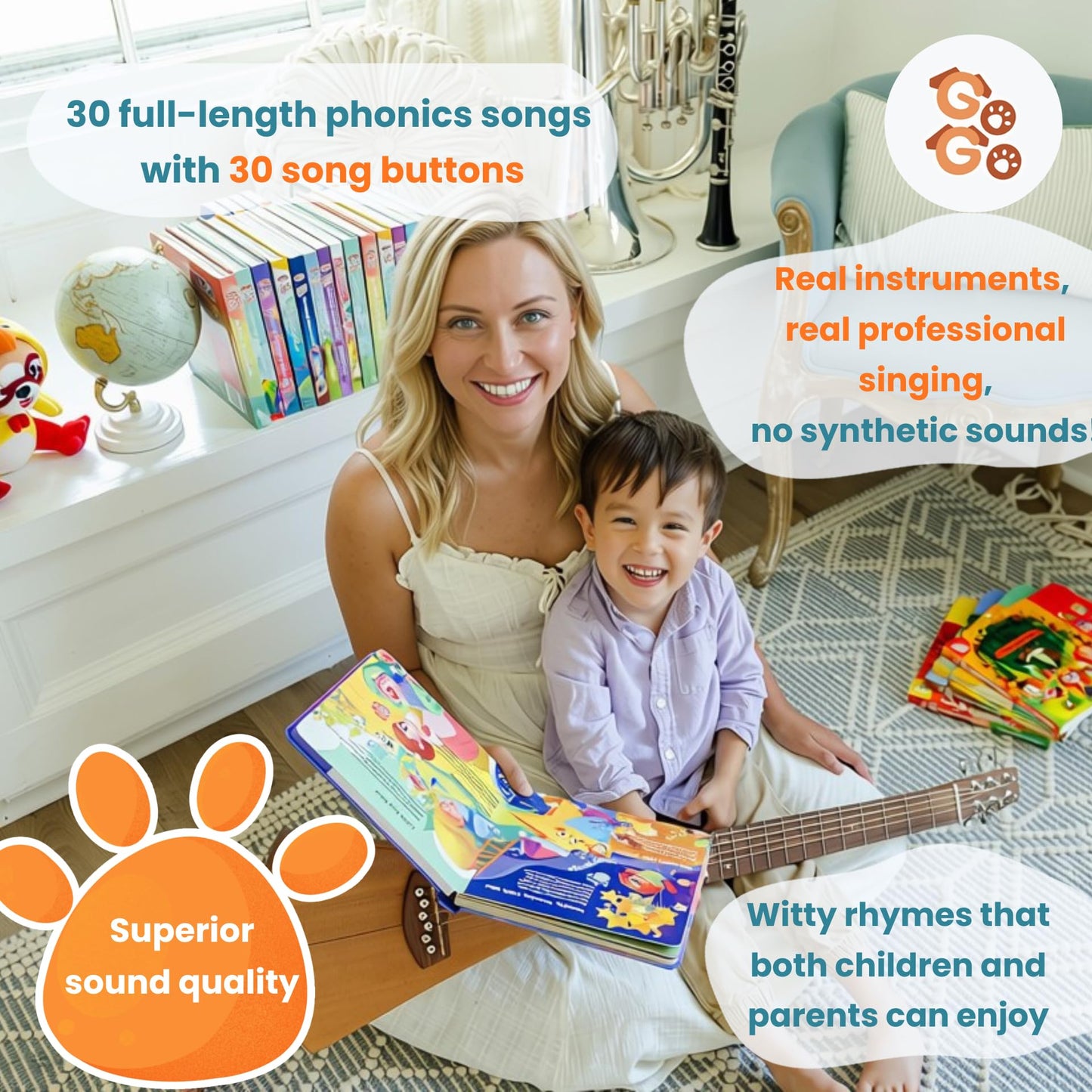 GO GO 30 Funny Phonics Songs Sound Book, A-Z Letter Sound Songs, USB-C Rechargeable, Preschool & Kindergarten Learn to Read for 3 Year olds, Perfect