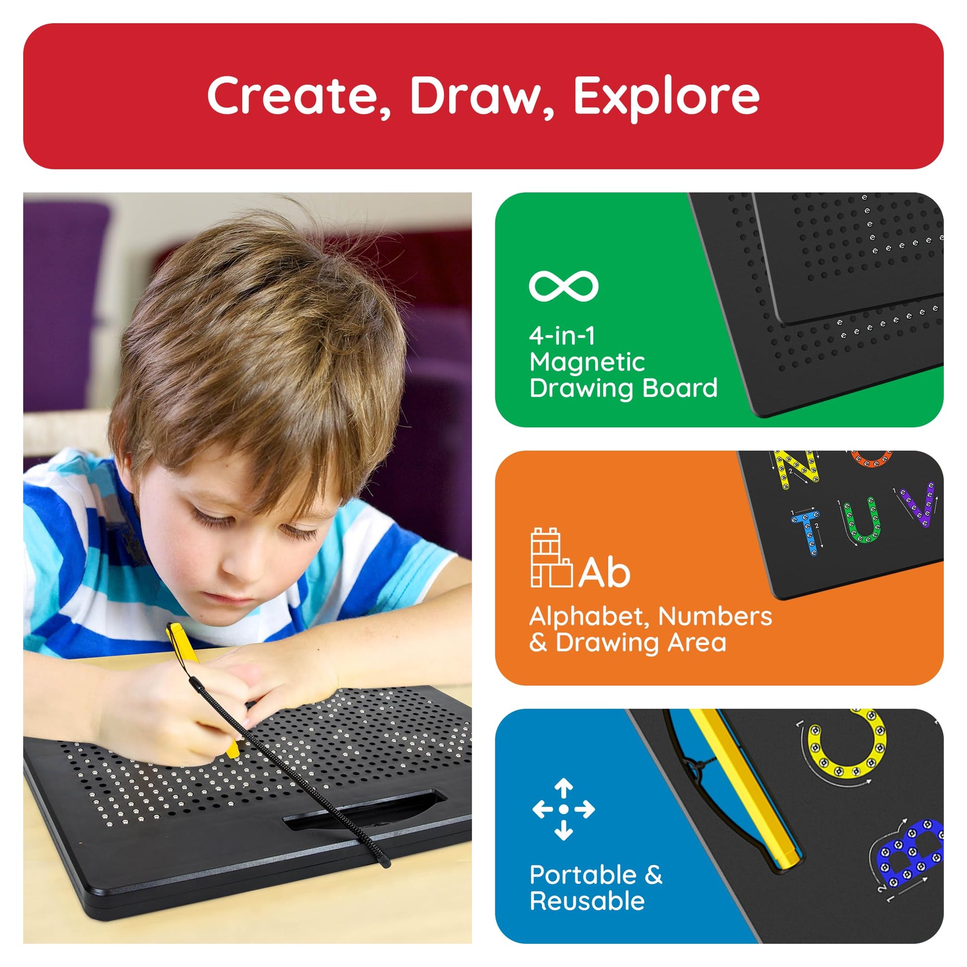 PicassoTiles 4-in-1 Magnetic Drawing Board for Kids 3+, 12x10 Inch Tablet Pad, Numbers, ABC Upper & Lower Case, Freestyle STEM Learning Toy, Travel