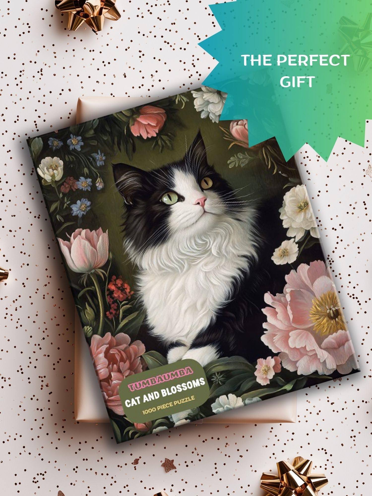 Cat in Blossoms, 1000 Piece Puzzle for Adults, Hard Challenging Jigsaw Puzzle with Bonus Poster Included. Vintage Cat and Flowers Puzzle. TumbaUmba