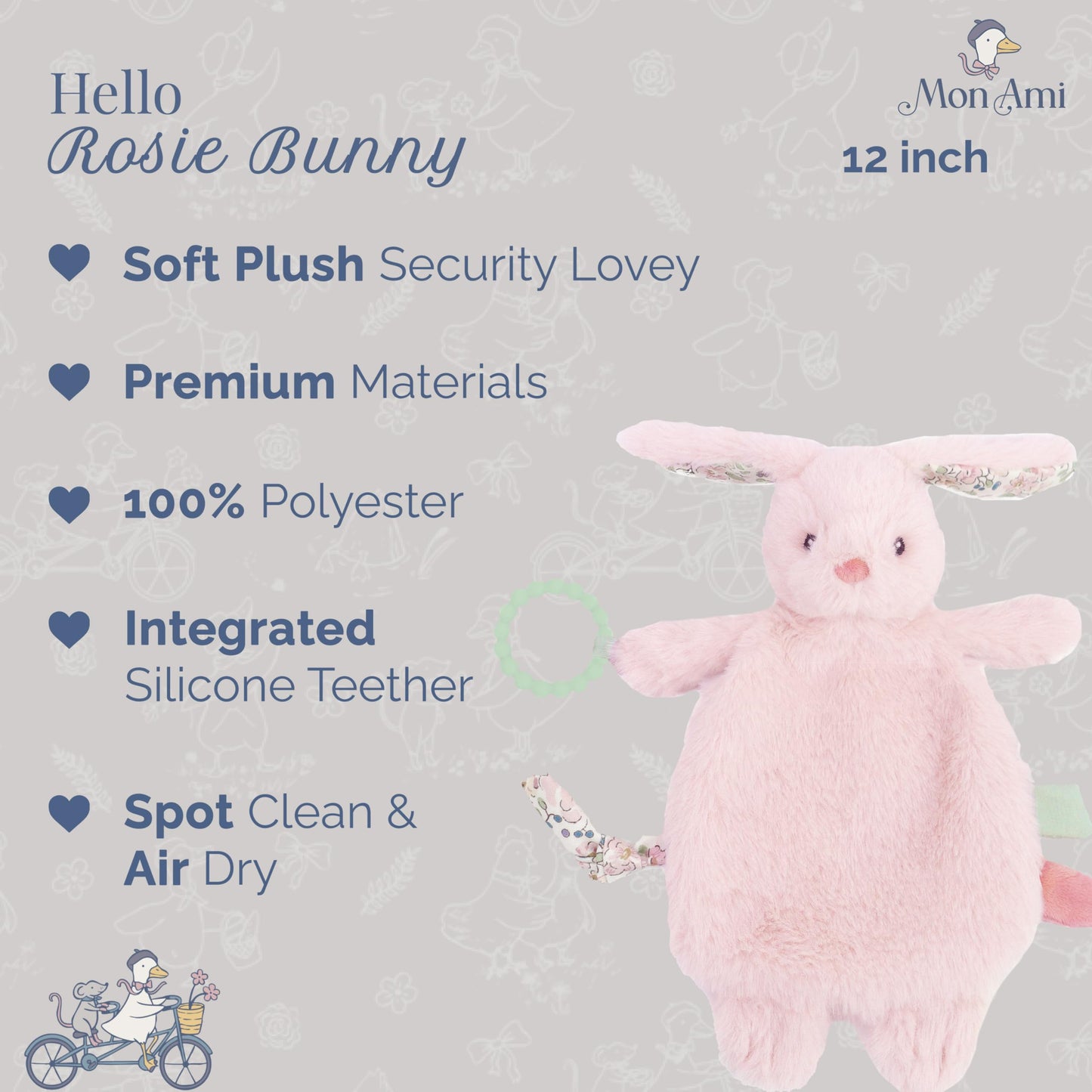 MON AMI Rosie Bunny Teether Lovey, 12-Inch Baby Security Blanket Gift