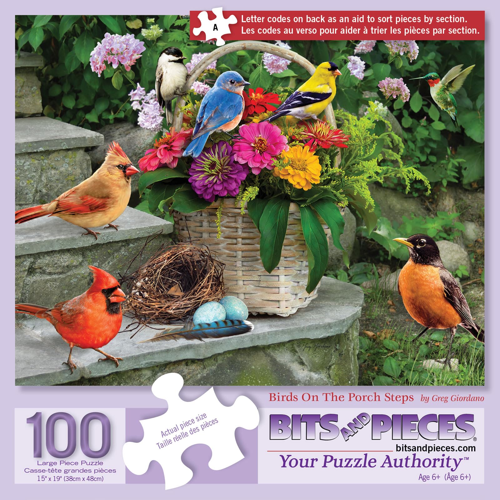 Bits and Pieces 100 Piece Puzzles for Adults - Birds on the Porch Steps - 100 Extra Large Pieces 15" x 19" Jigsaw Puzzles, Flowers, Summer, No 2
