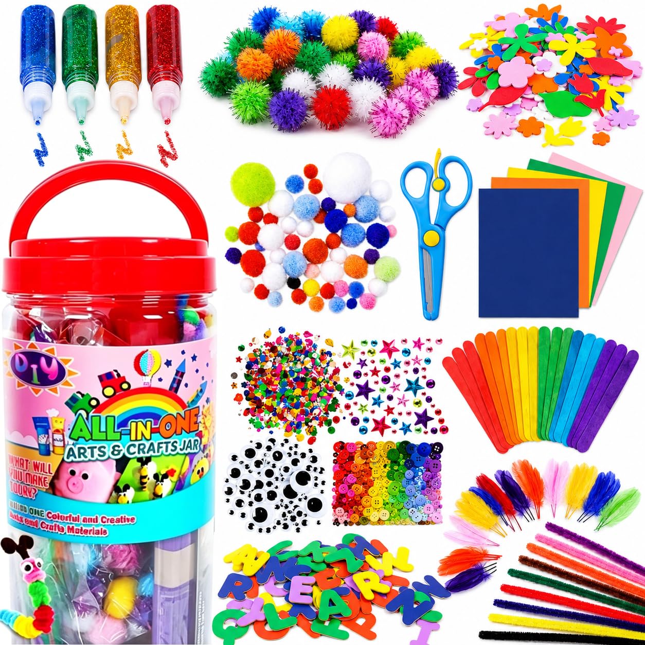 FUNZBO Arts and Crafts Supplies for Kids - Toddlers Craft Kit with Glitter Glue Stick, Pipe Cleaners, Pom Poms, Popsicle Sticks Tools, DIY School