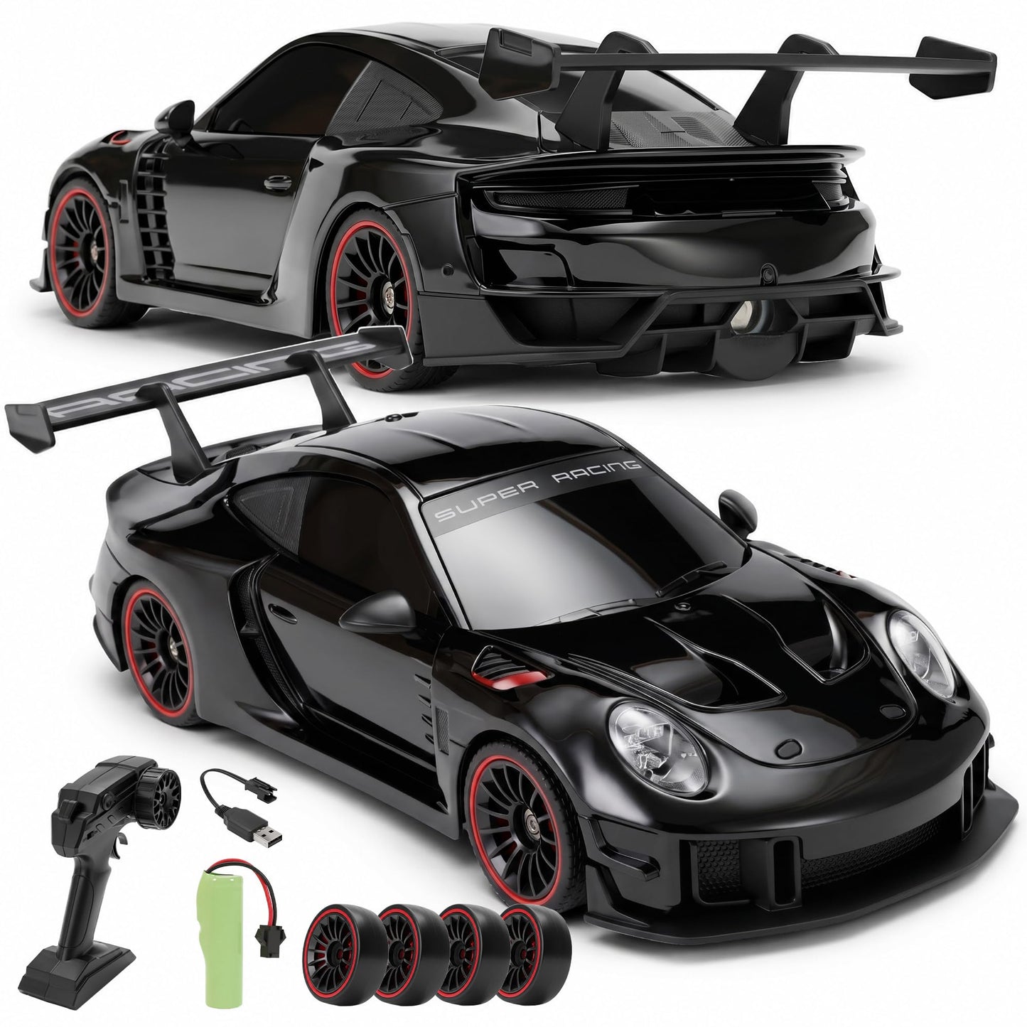 RC Drift Car with LED Headlights, Spray Mist & Underbody Lights, 2.4GHz Remote Control Car, High Speed RC Car with Extra Drift Tires, RC Cars