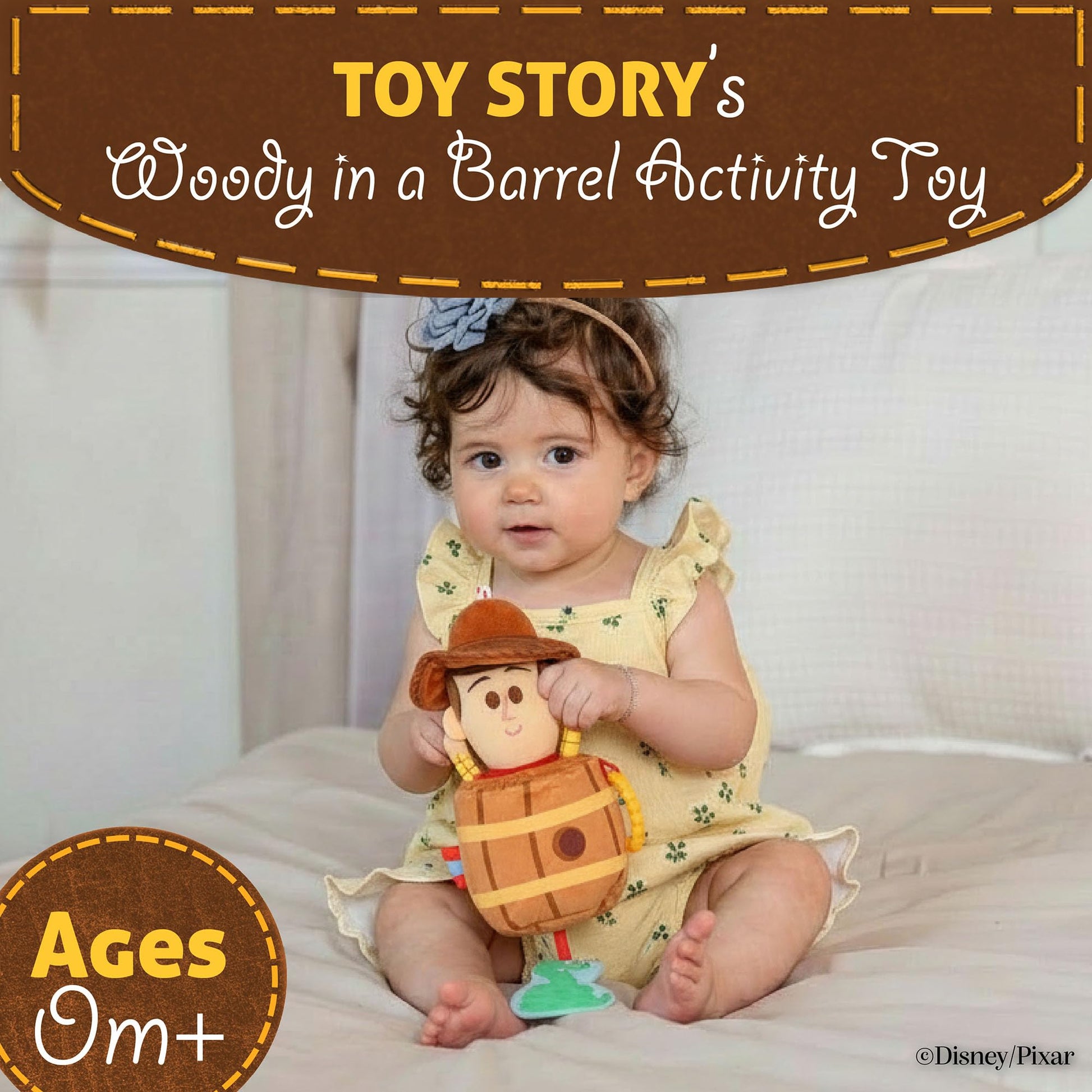 Disney Toy Story Woody in a Barrel Activity Toy with Pull Down Mechanism, Teether, Rattle, Crinkle Snake, and On the Go Clip for Babies