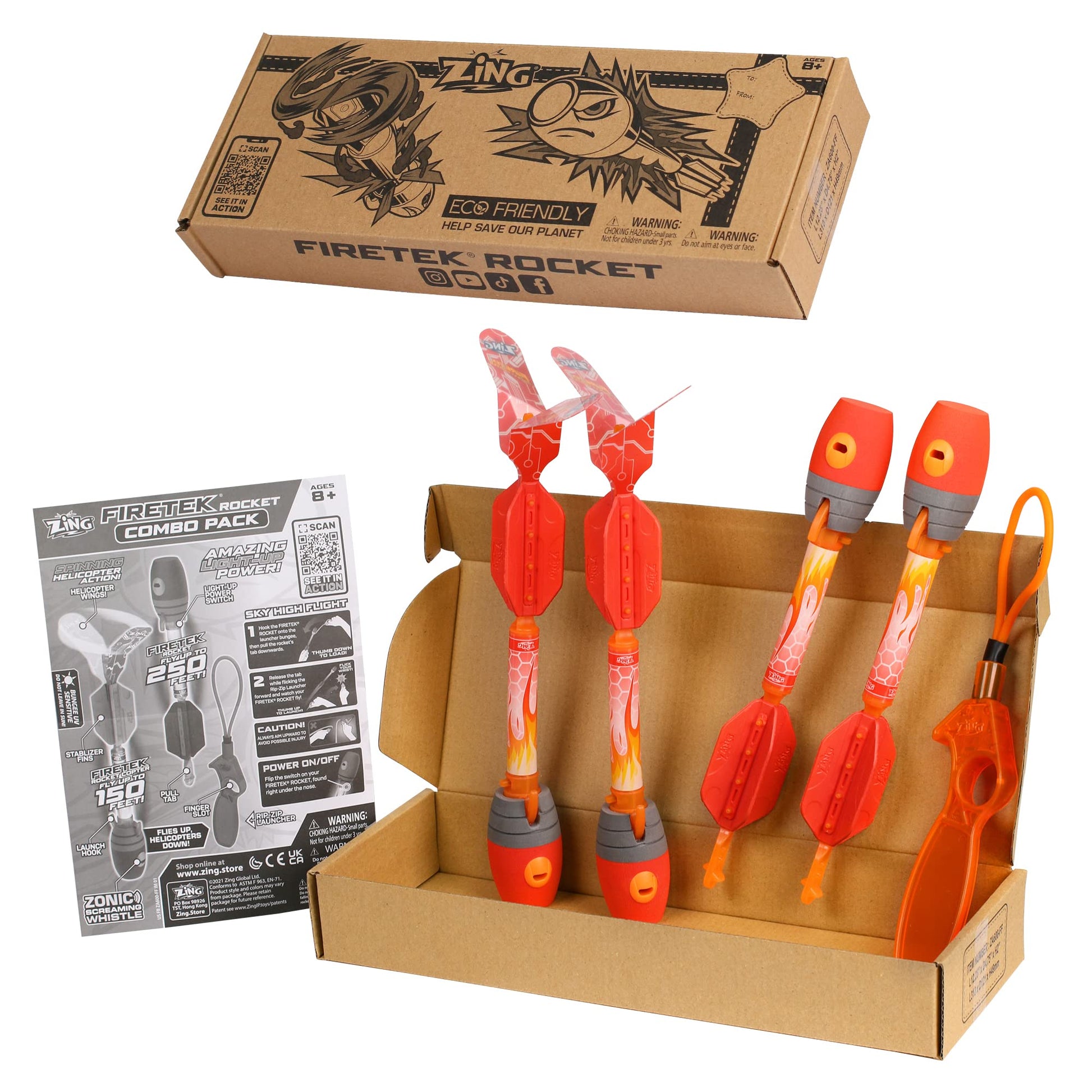 Zing Firetek Rocket Combo Pack, Light-Up Toys Include 2 Firetek Rockets (Fly up to 250 Feet), 2 Firetek Copters (Fly up to 150 Feet) and 1 Rip Zip
