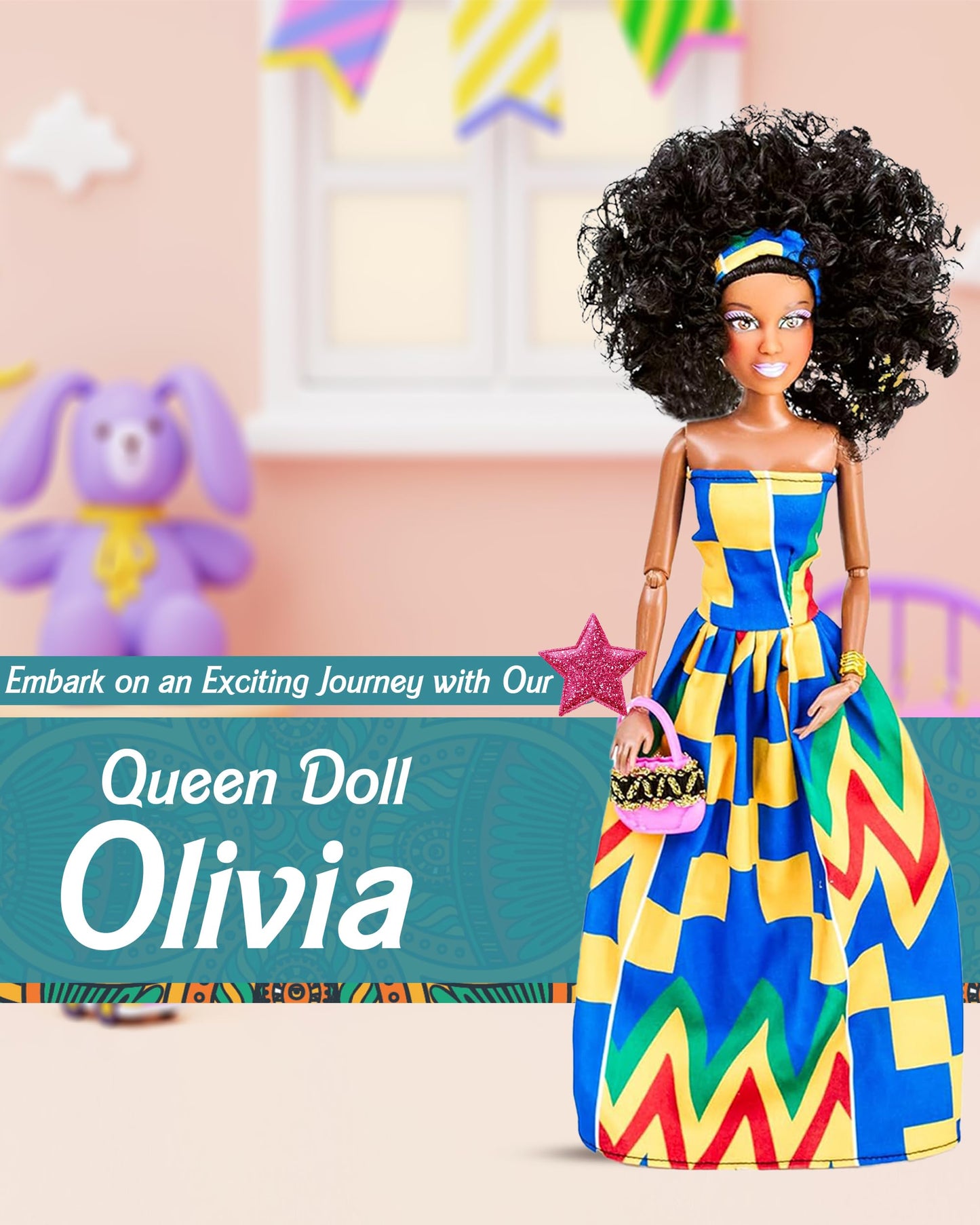 KOOLOREZ: Olivia - Our Queens Black Doll Set - Brown/Black Afro Doll