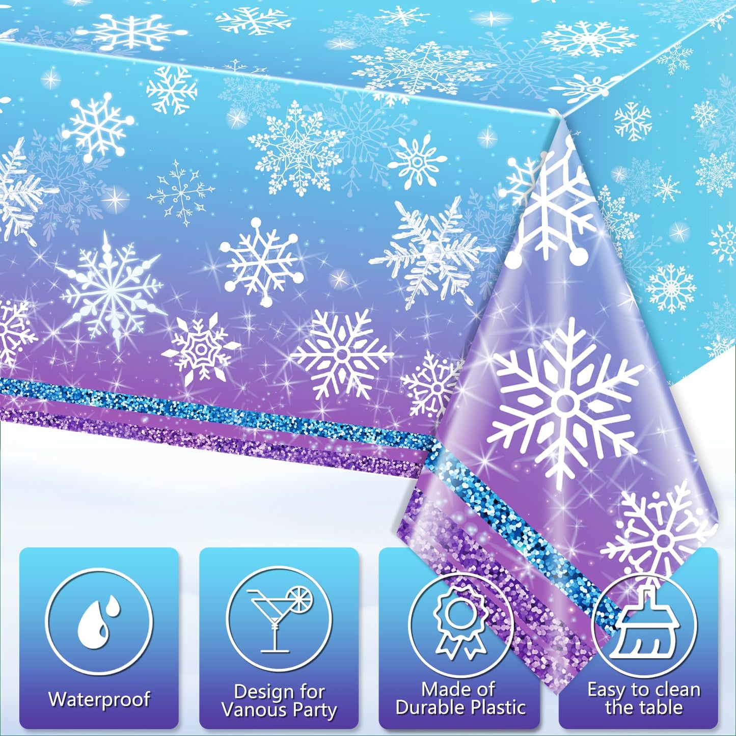 JQSSHXB 3Pcs Winter Snowflake Tablecloth, Frozen Wonderland Plastic Table Cloth, Blue and Purple Snowflake Winter Wonderland Disposable Table Cover