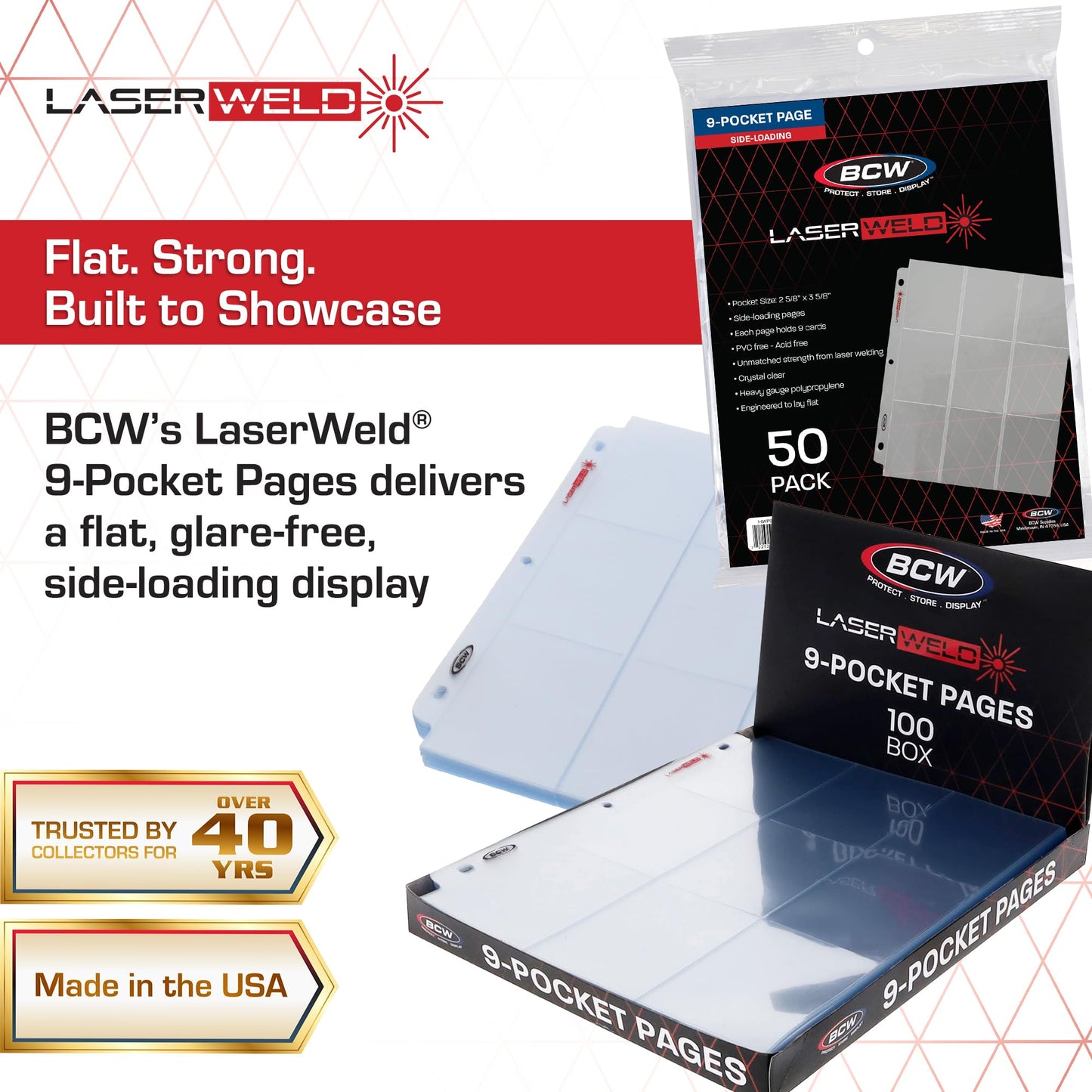 BCW LaserWeld 9-Pocket Page - Side Load 100ct | Holds Nine 2½" x 3½" Trading Cards | Acid-Free Card Storage | Laser-Welded Seams for Durability |