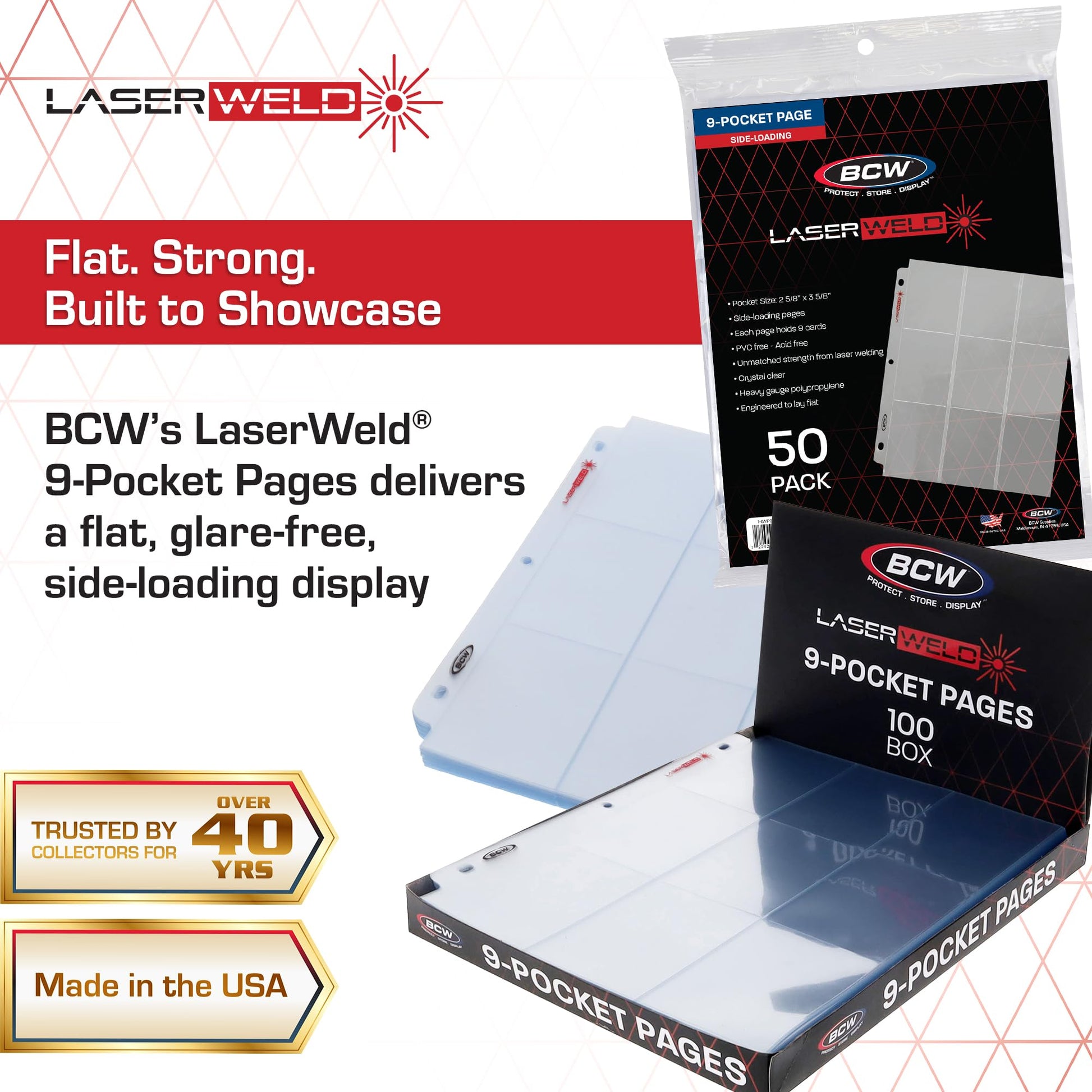 BCW LaserWeld 9-Pocket Page - Side Load 100ct | Holds Nine 2½" x 3½" Trading Cards | Acid-Free Card Storage | Laser-Welded Seams for Durability |