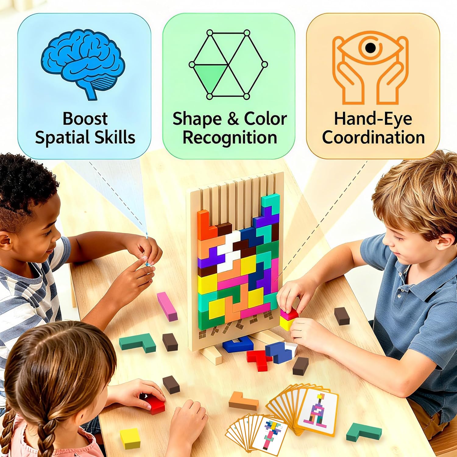 Wooden Block Puzzle Montessori Toys, Colorful Stacking Game Brain Teaser Puzzles for Toddlers and Kids with 20 Cards, Educational Wooden Toy Gifts