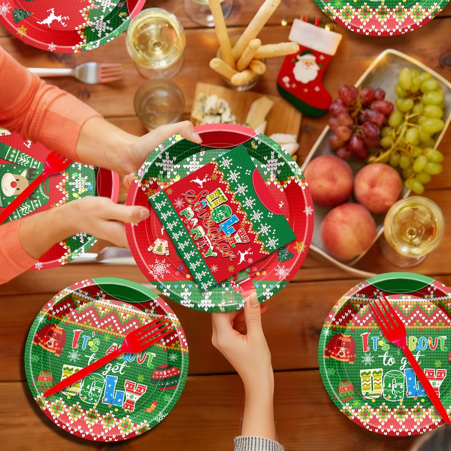 Christmas Plates and Napkins Set, Holiday Paper Plate and Napkin Sets, Ugly Sweater Paper Plates Napkins Cups Forks for Christmas Holiday Ugly Sweater
